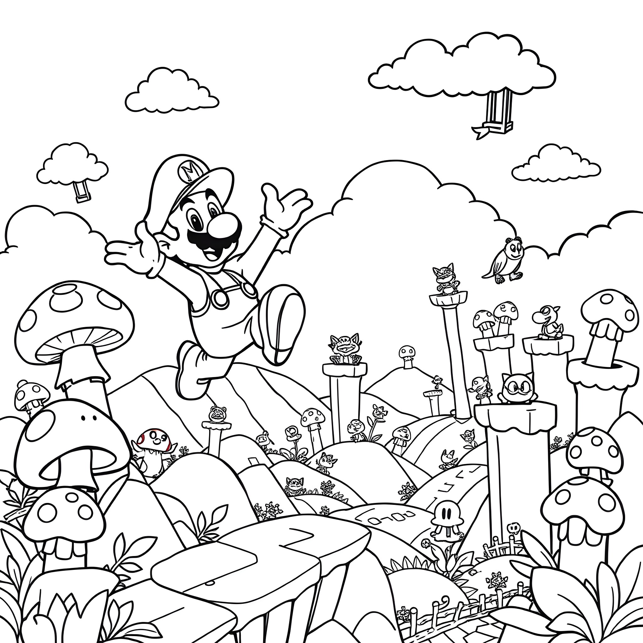 Super Mario's Whimsical Adventure in the Mushroom Kingdom Coloring Page (free black-and-white line drawing printable PDF for all, from beginners to advanced learners, including children, teens, adults, and seniors)