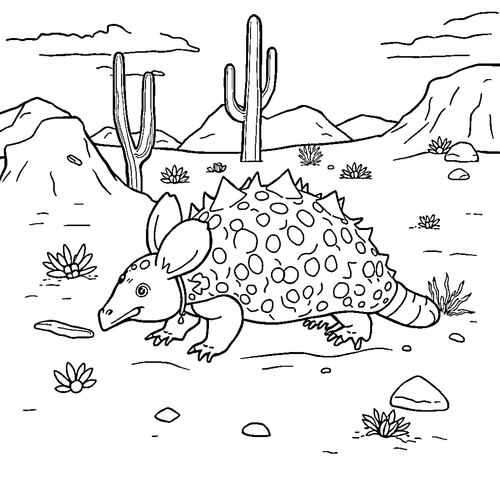 Armadillo exploring the desert landscape Coloring Page (free black-and-white line drawing printable PDF for all, from beginners to advanced learners, including children, teens, adults, and seniors)