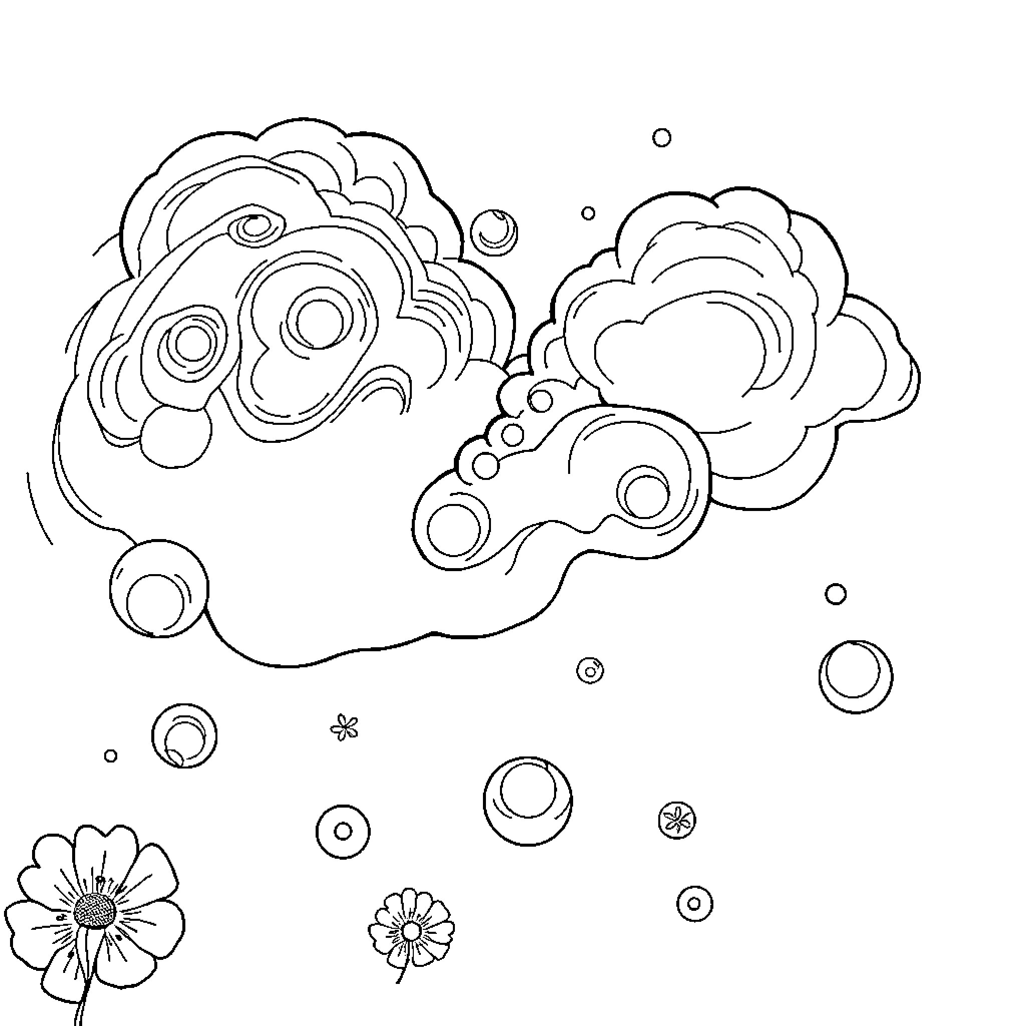 Beach day with abstract cloud formations Coloring Page (free black-and-white line drawing printable PDF for all, from beginners to advanced learners, including children, teens, adults, and seniors)