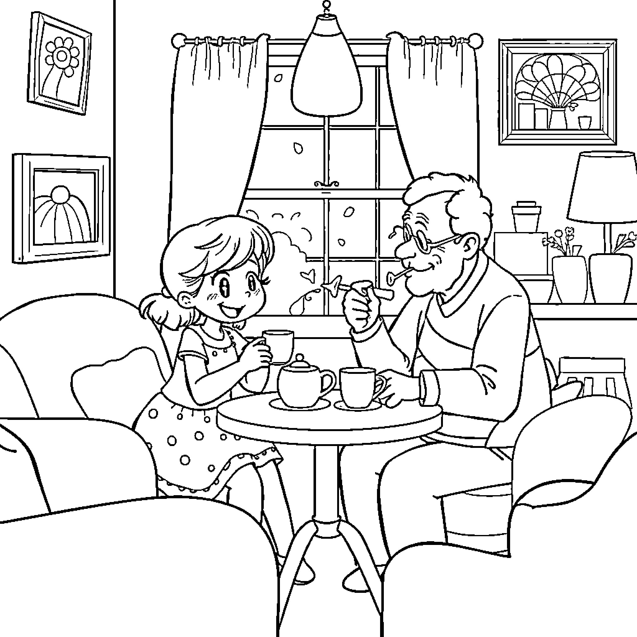 Bluey and Grandad Enjoy Tea Time Together Coloring Page (free black-and-white line drawing printable PDF for all, from beginners to advanced learners, including children, teens, adults, and seniors)
