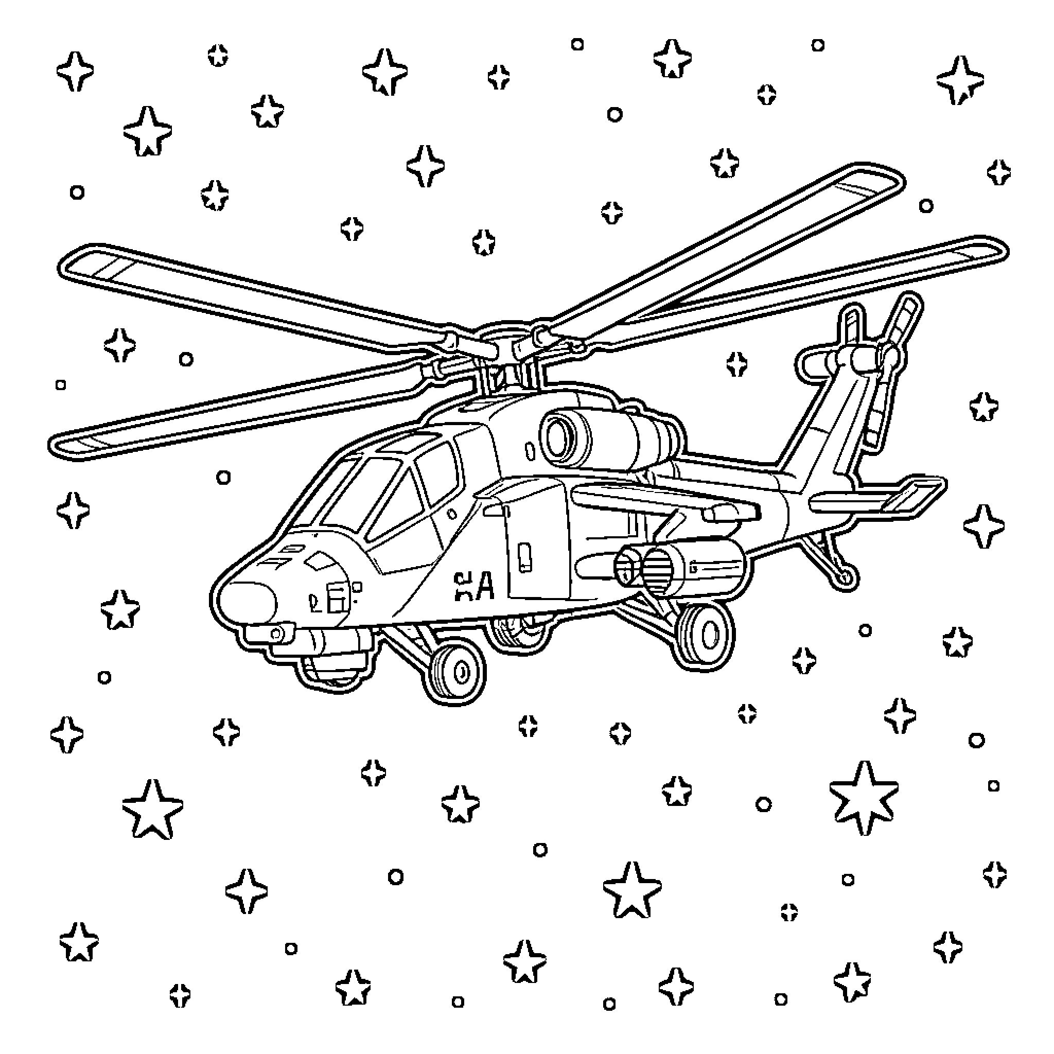 AH-1Z helicopter in flight over starry sky Coloring Page (free black-and-white line drawing printable PDF for all, from beginners to advanced learners, including children, teens, adults, and seniors)
