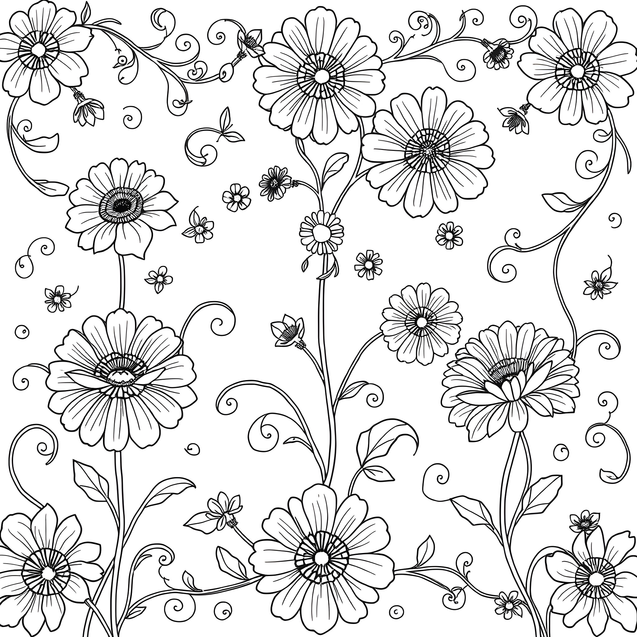 Zinnia flowers blooming with lively swirls Coloring Page (free black-and-white line drawing printable PDF for all, from beginners to advanced learners, including children, teens, adults, and seniors)