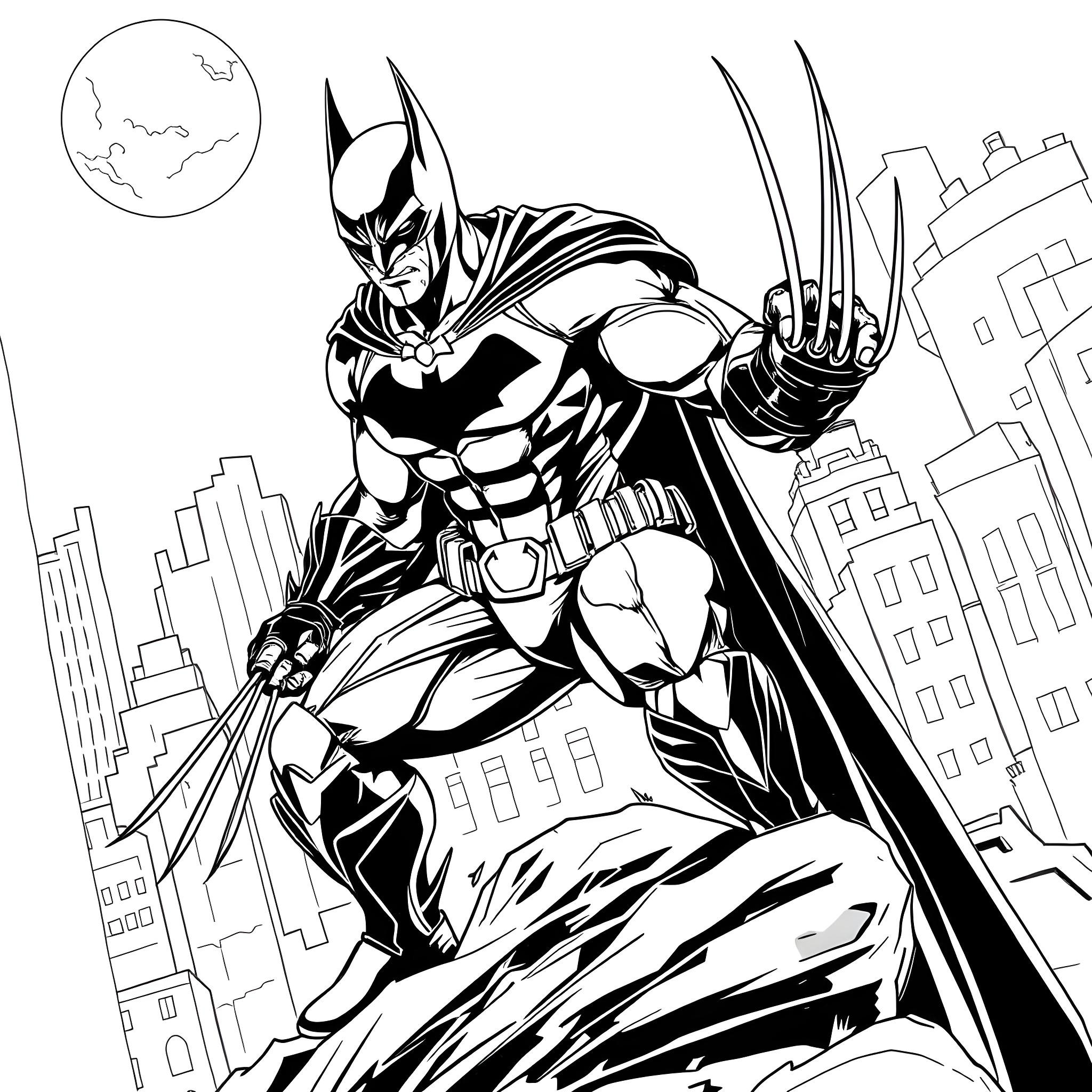 Batman Wolverine Crossover in Action Coloring Page (free black-and-white line drawing printable PDF for all, from beginners to advanced learners, including children, teens, adults, and seniors)