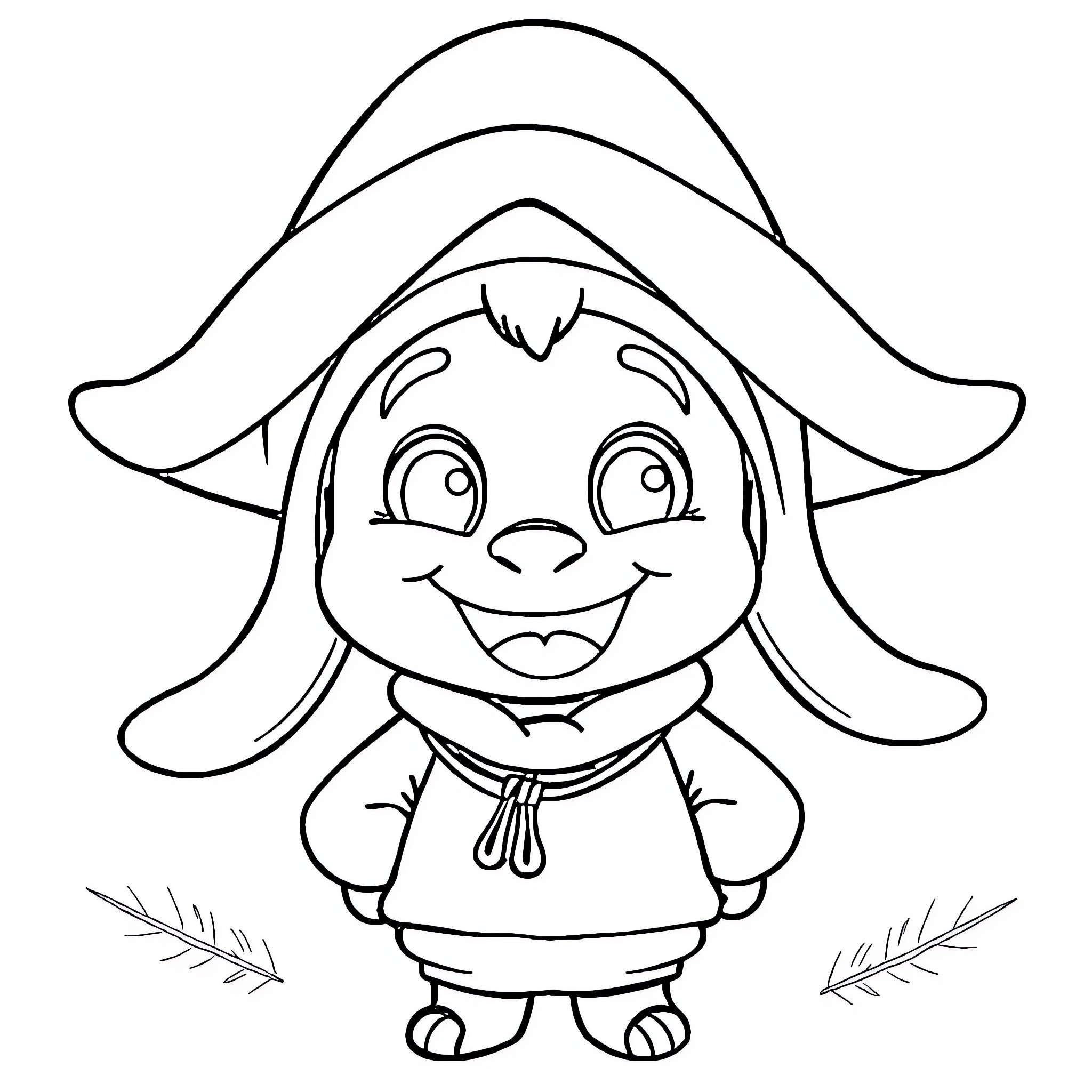 Labubu the Happy Cartoon Character Coloring Page (free black-and-white line drawing printable PDF for all, from beginners to advanced learners, including children, teens, adults, and seniors)