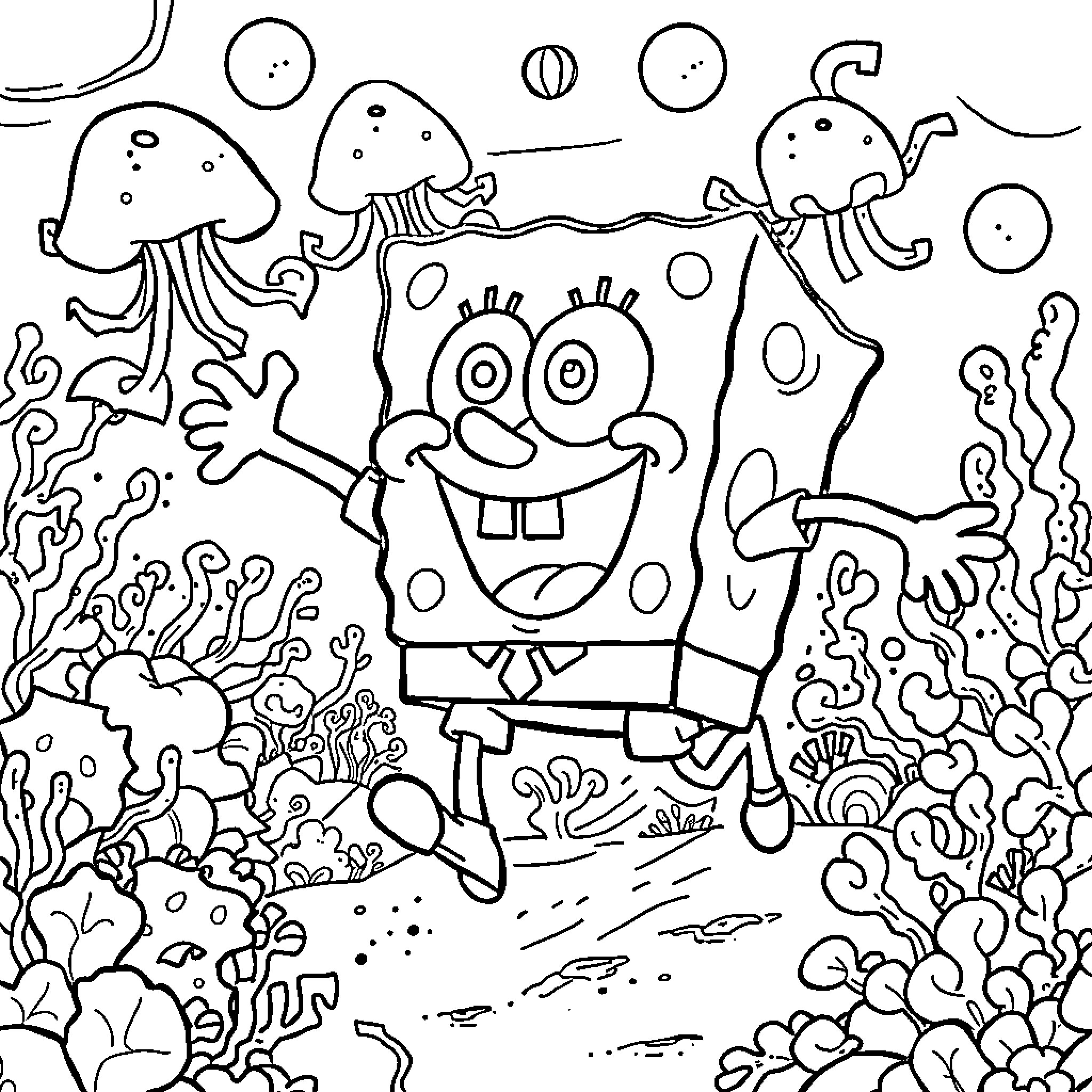 Spongebob exploring the underwater world Coloring Page (free black-and-white line drawing printable PDF for all, from beginners to advanced learners, including children, teens, adults, and seniors)