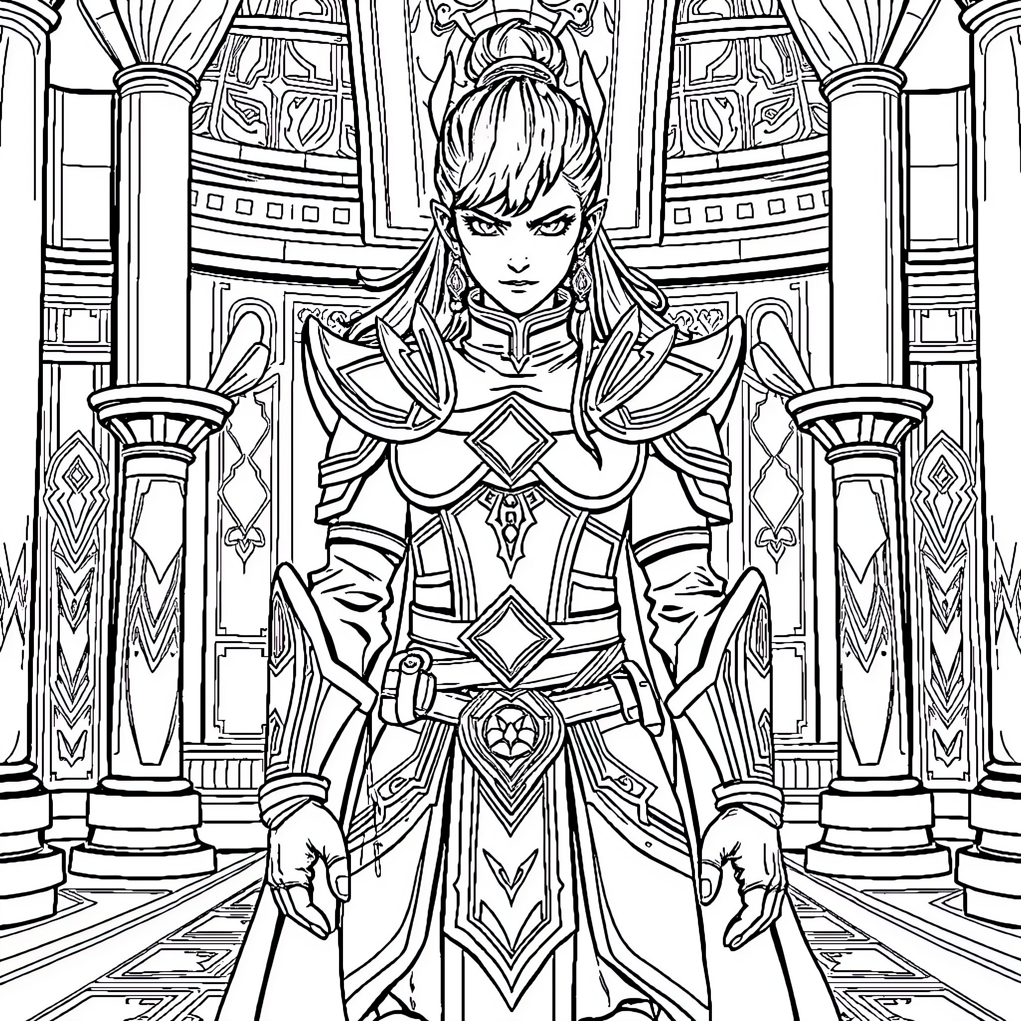 Azula in Regal Warrior Attire Coloring Page (free black-and-white line drawing printable PDF for all, from beginners to advanced learners, including children, teens, adults, and seniors)
