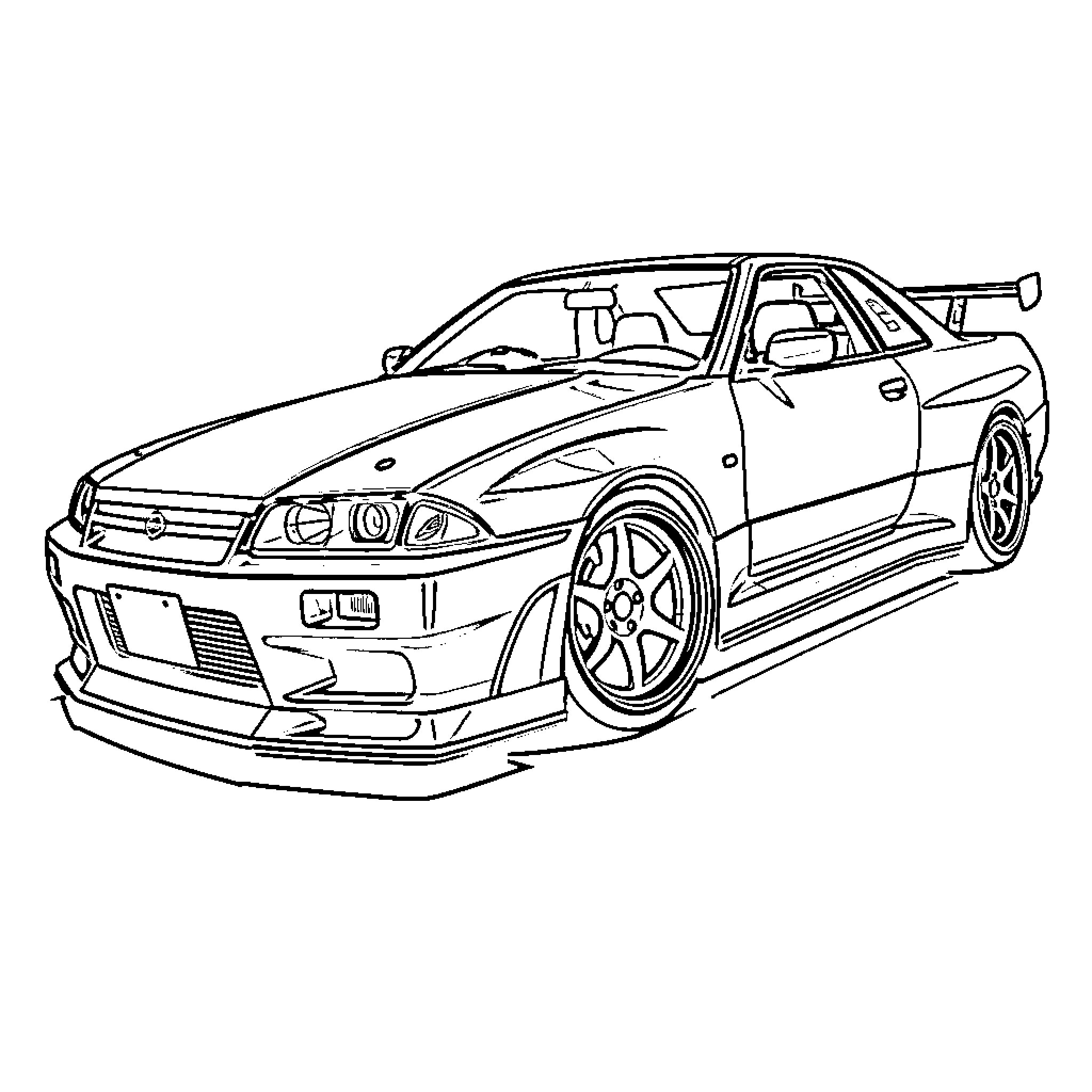 Nissan Skyline racing with modified body kit Coloring Page (free black-and-white line drawing printable PDF for all, from beginners to advanced learners, including children, teens, adults, and seniors)