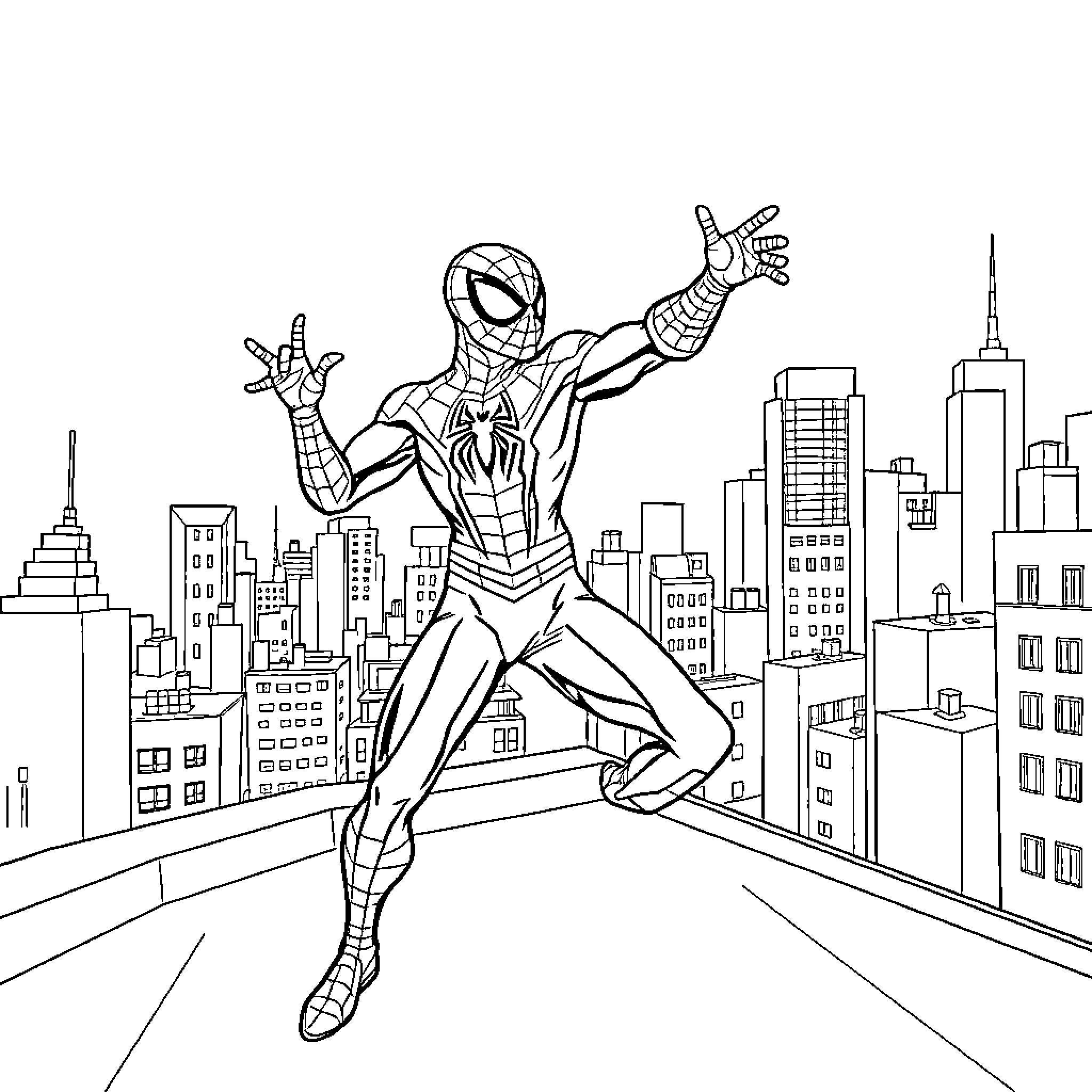Spiderman swinging through the city skyline Coloring Page (free black-and-white line drawing printable PDF for all, from beginners to advanced learners, including children, teens, adults, and seniors)