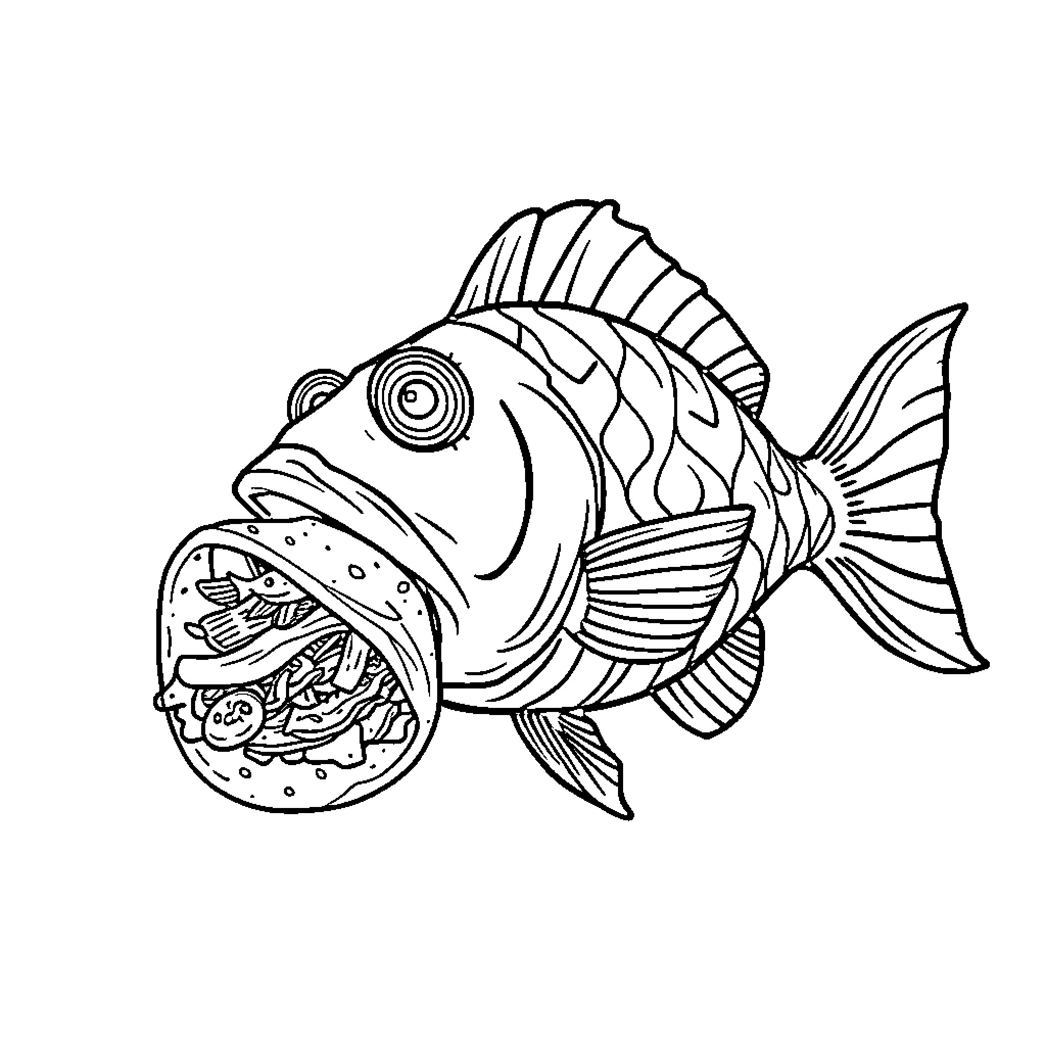 Fish with a large open mouth Coloring Page (free black-and-white line drawing printable PDF for all, from beginners to advanced learners, including children, teens, adults, and seniors)