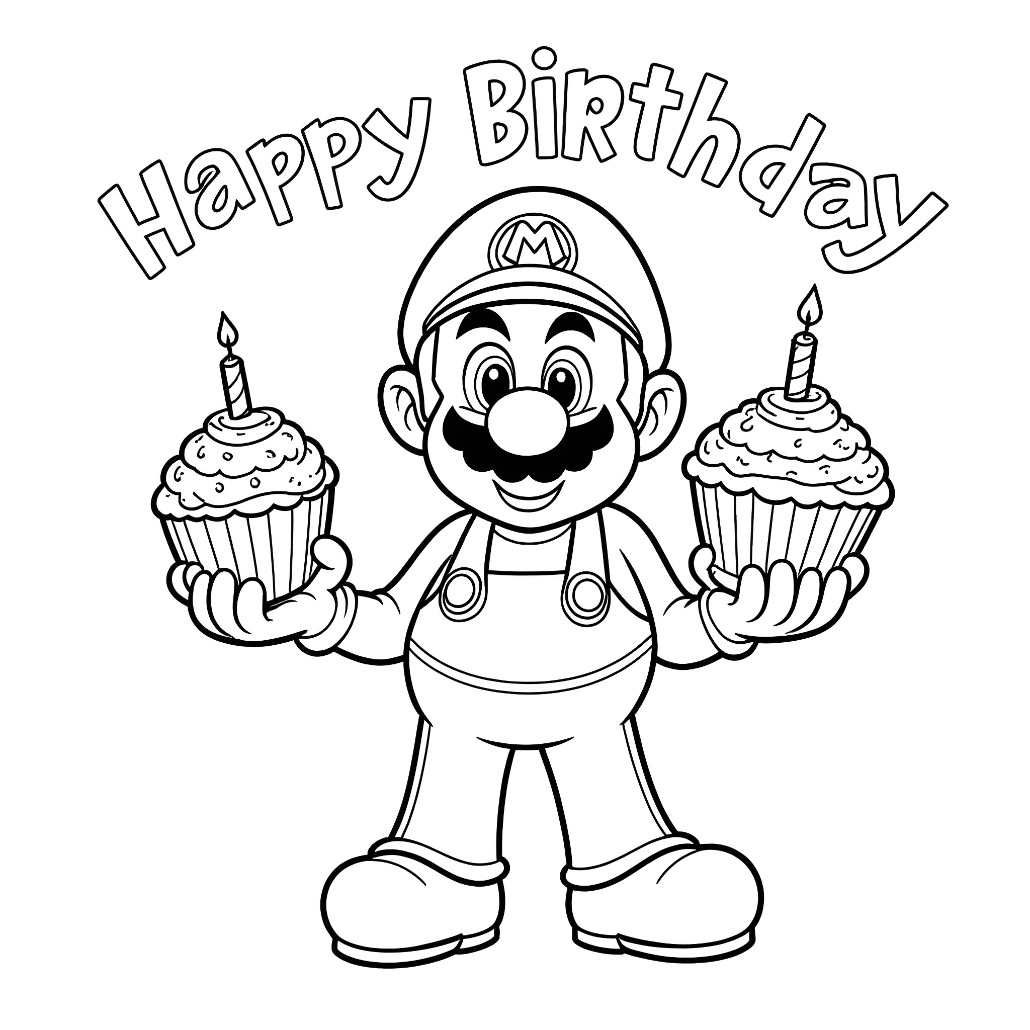 Mario celebrating a Happy Birthday with cupcakes Coloring Page (free black-and-white line drawing printable PDF for all, from beginners to advanced learners, including children, teens, adults, and seniors)