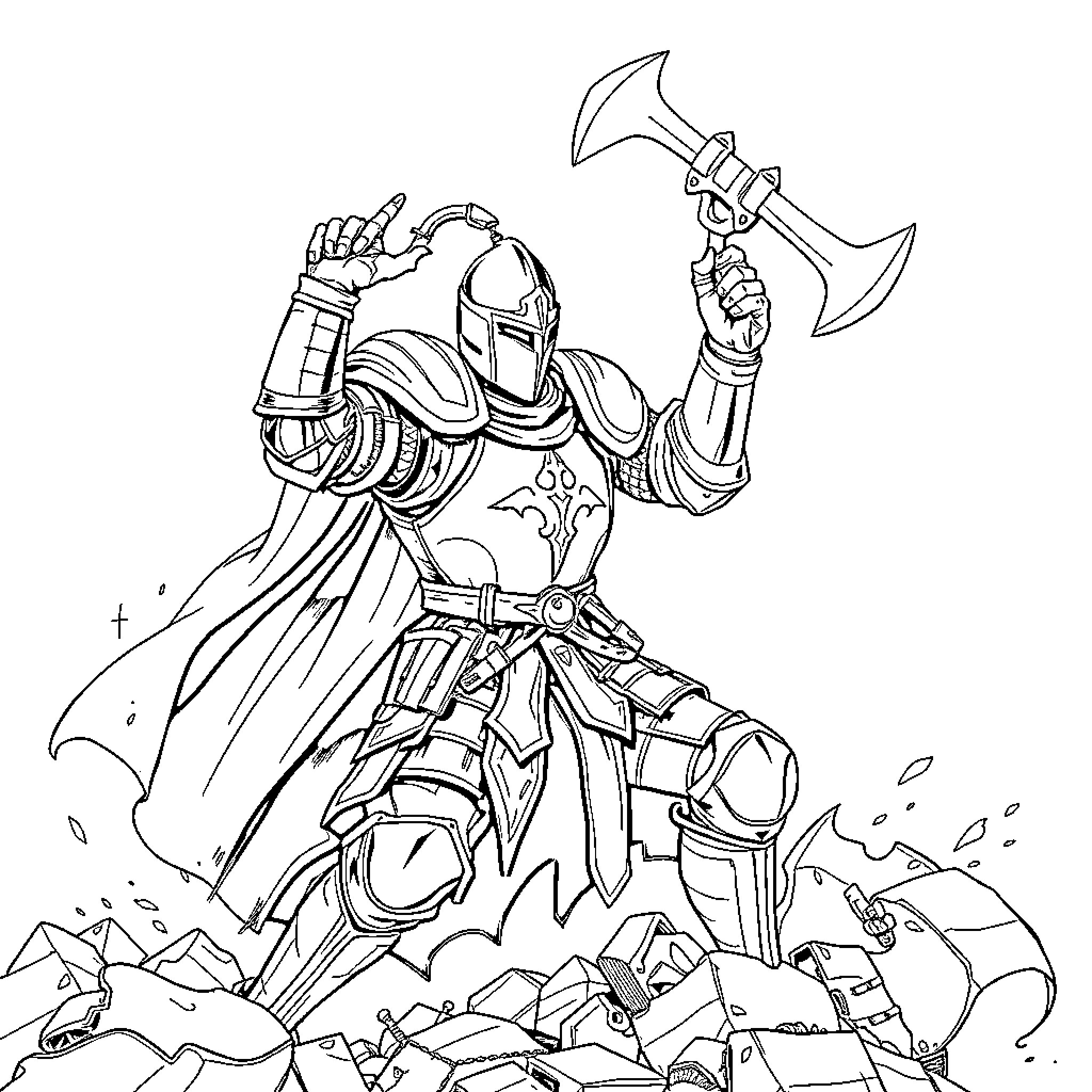 Knight in Armored Gear Wielding Axe on Battlefield Coloring Page (free black-and-white line drawing printable PDF for all, from beginners to advanced learners, including children, teens, adults, and seniors)