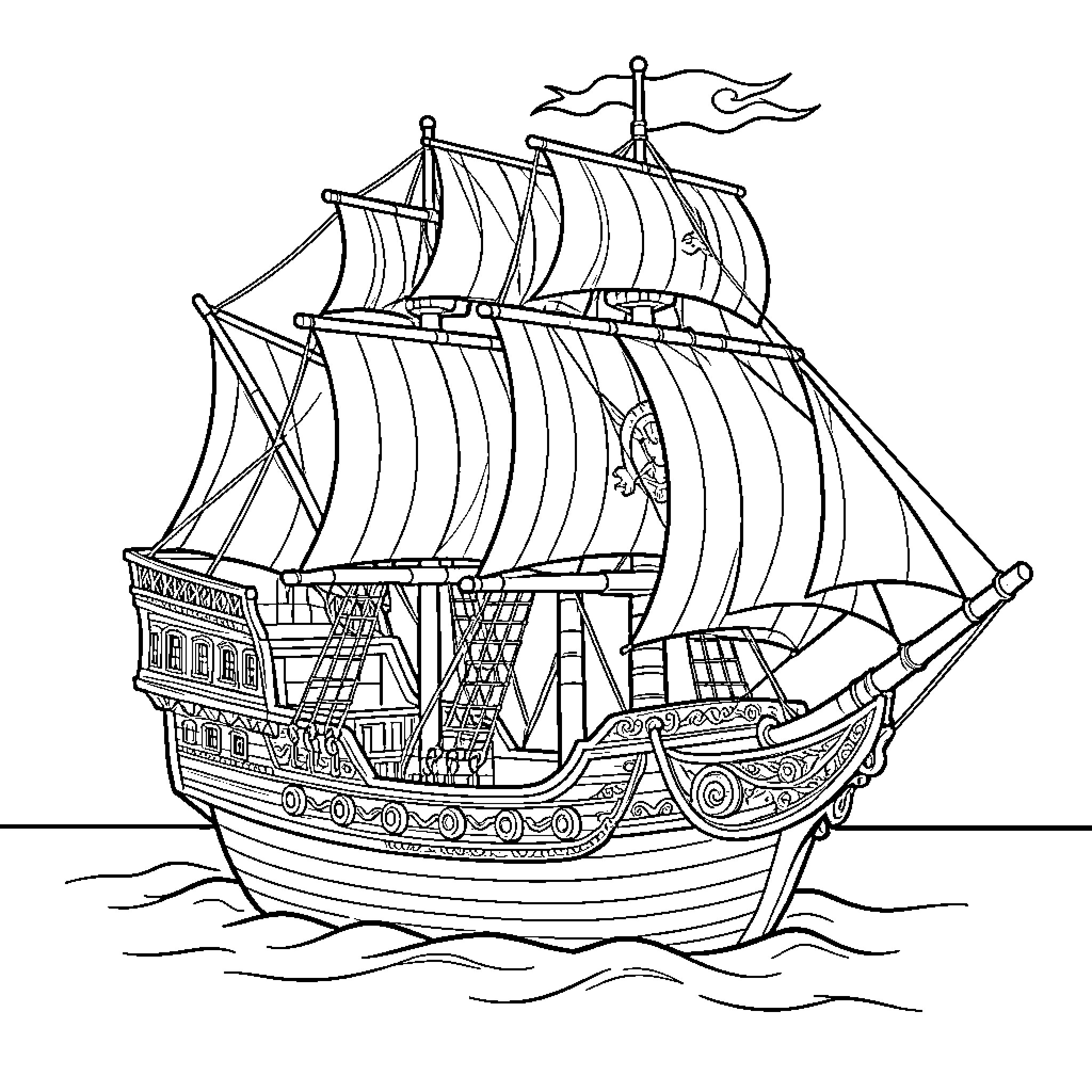 Pirate Ship Sailing the High Seas Coloring Page (free black-and-white line drawing printable PDF for all, from beginners to advanced learners, including children, teens, adults, and seniors)