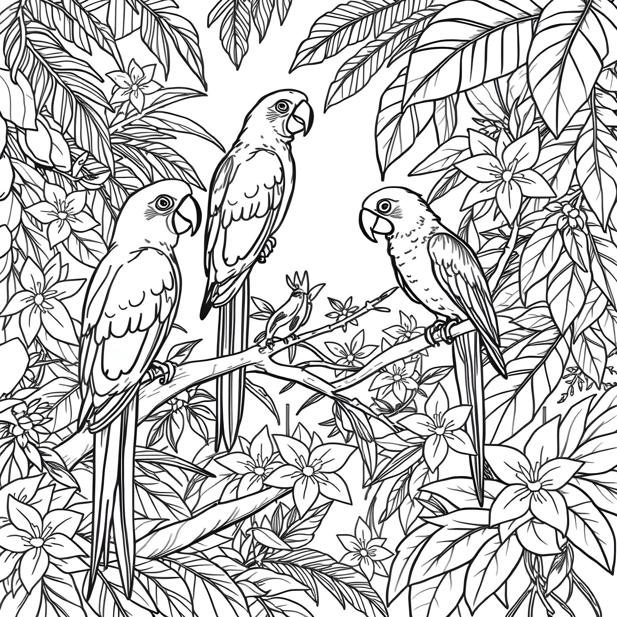 Parrot perching on exotic tropical plants Coloring Page (free black-and-white line drawing printable PDF for all, from beginners to advanced learners, including children, teens, adults, and seniors)
