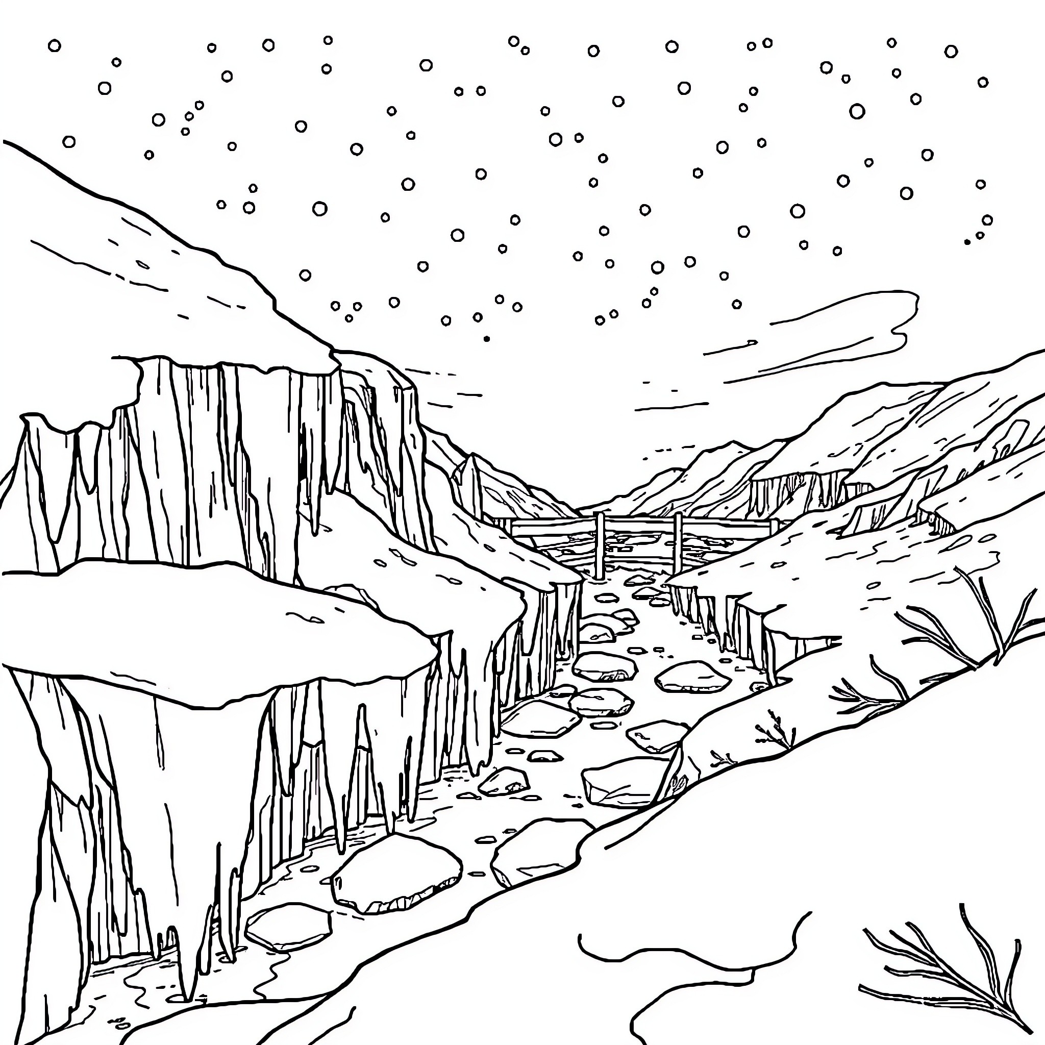 Frozen Landscape of Icy Cliffs and Snowy Paths Coloring Page (free black-and-white line drawing printable PDF for all, from beginners to advanced learners, including children, teens, adults, and seniors)