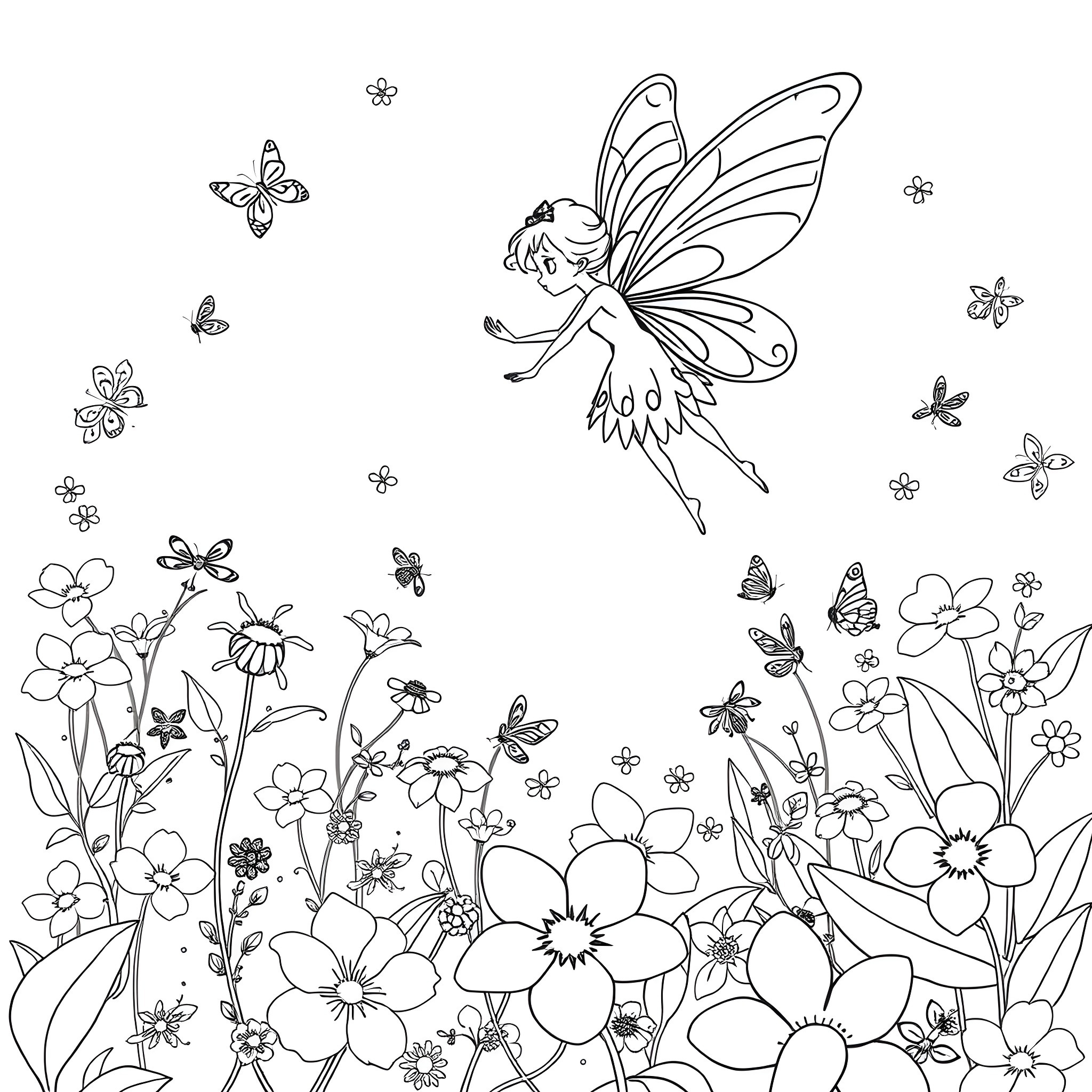 Fairy Dancing Joyfully Amidst Blooming Flowers Coloring Page (free black-and-white line drawing printable PDF for all, from beginners to advanced learners, including children, teens, adults, and seniors)