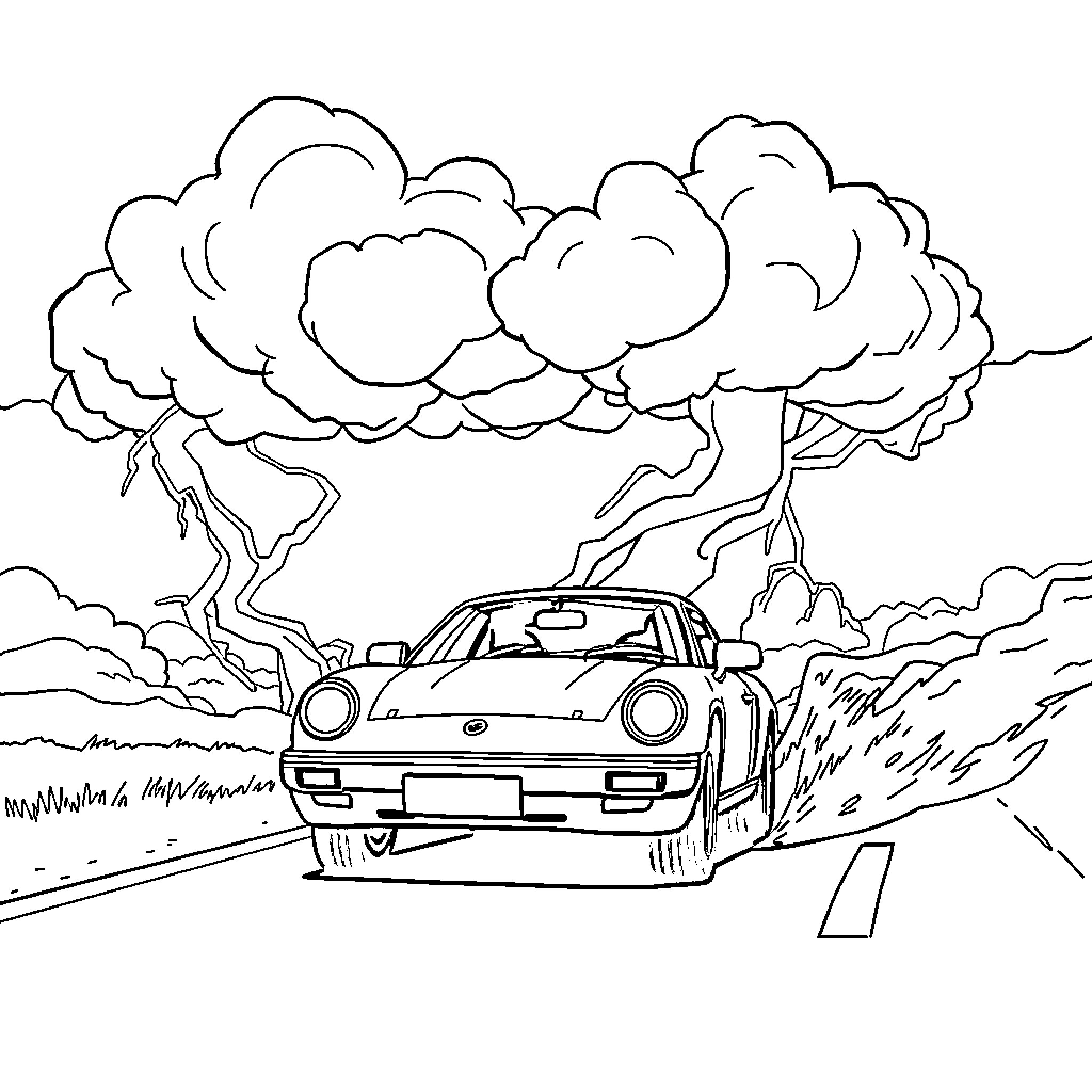 Storm Chaser racing through turbulent weather Coloring Page (free black-and-white line drawing printable PDF for all, from beginners to advanced learners, including children, teens, adults, and seniors)