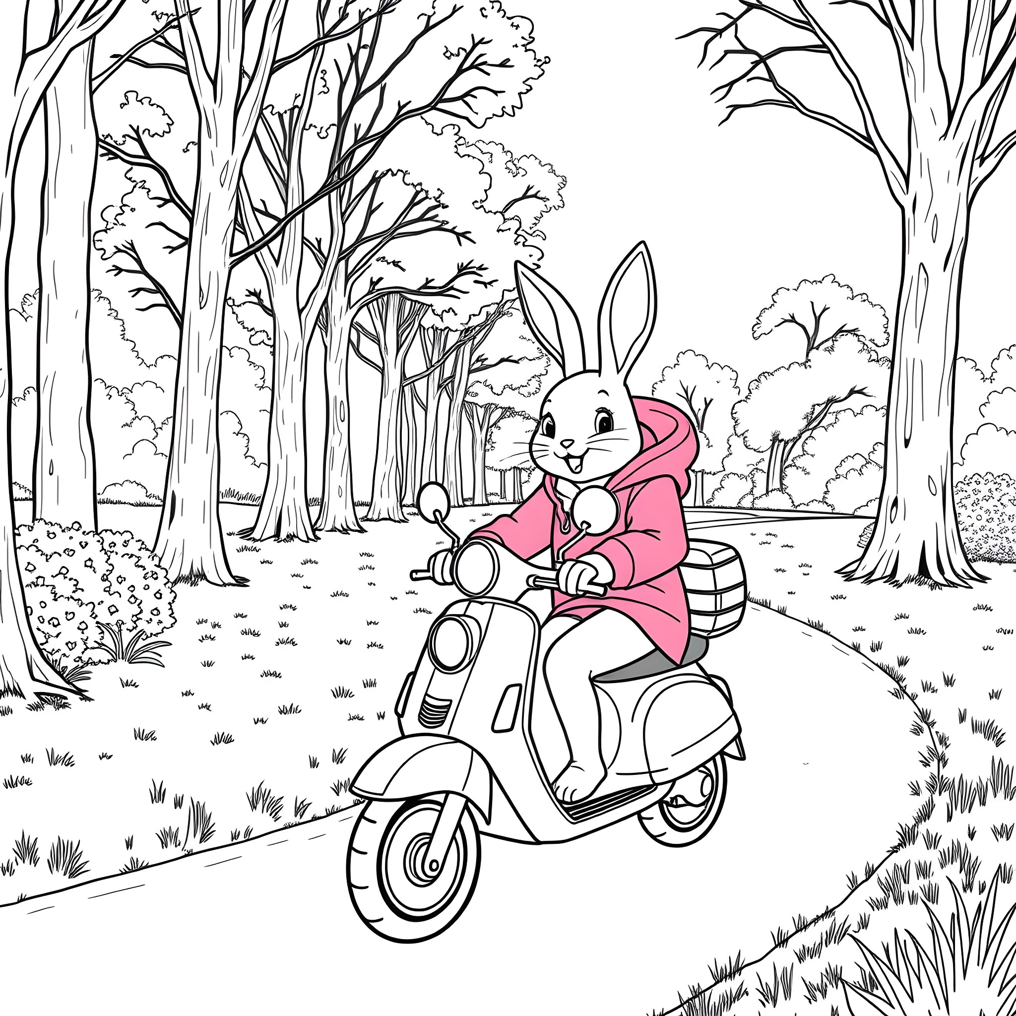 Rabbit riding scooter in enchanted forest Coloring Page (free black-and-white line drawing printable PDF for all, from beginners to advanced learners, including children, teens, adults, and seniors)