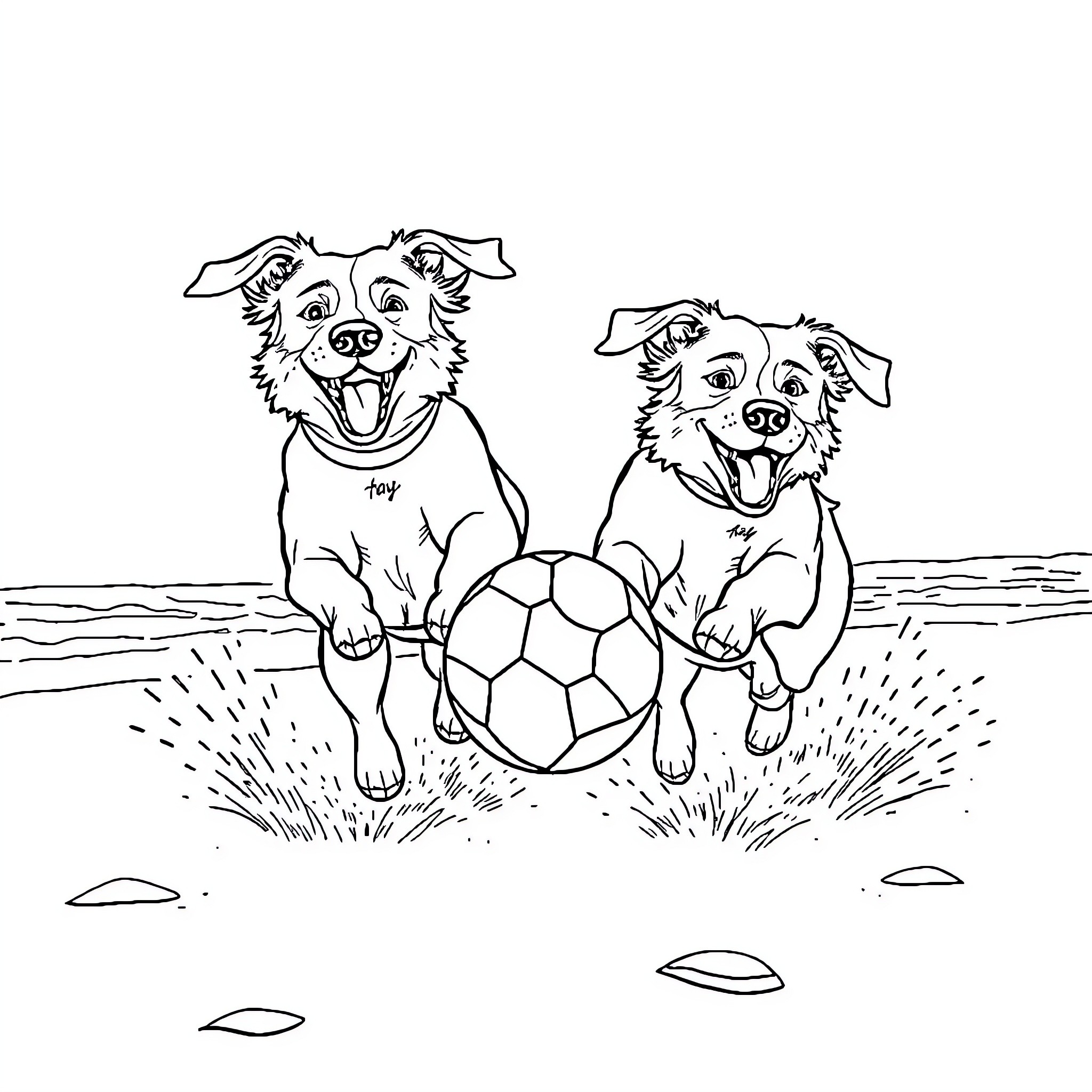 Dog friends playing with a soccer ball Coloring Page (free black-and-white line drawing printable PDF for all, from beginners to advanced learners, including children, teens, adults, and seniors)