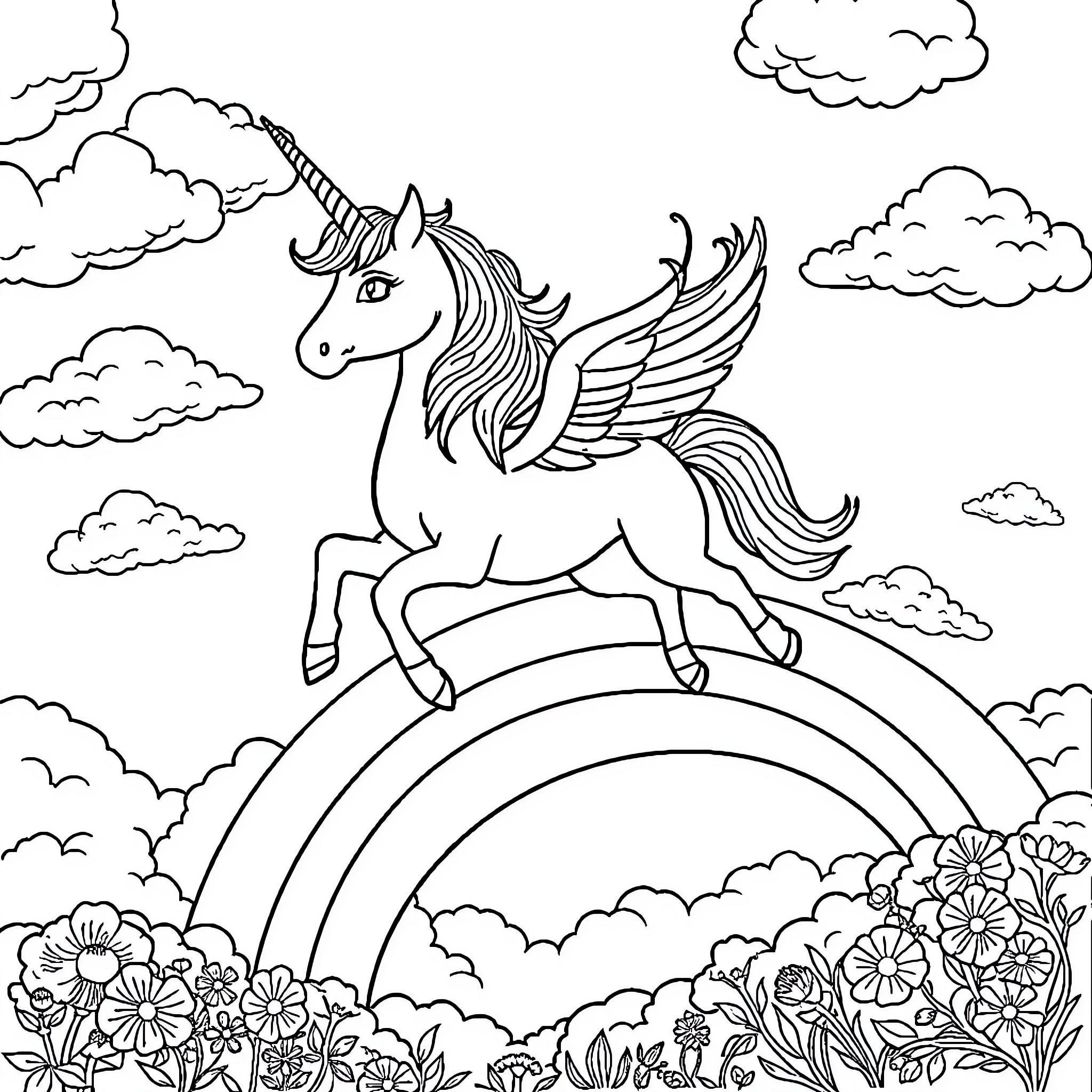 Unicorn galloping across a vibrant rainbow Coloring Page (free black-and-white line drawing printable PDF for all, from beginners to advanced learners, including children, teens, adults, and seniors)