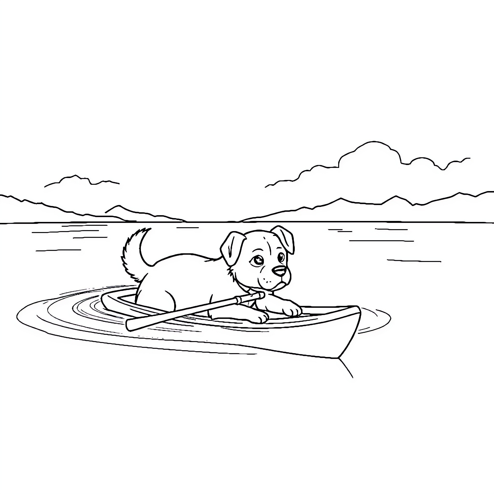 Dog paddling in a rowboat on a lake Coloring Page (free black-and-white line drawing printable PDF for all, from beginners to advanced learners, including children, teens, adults, and seniors)