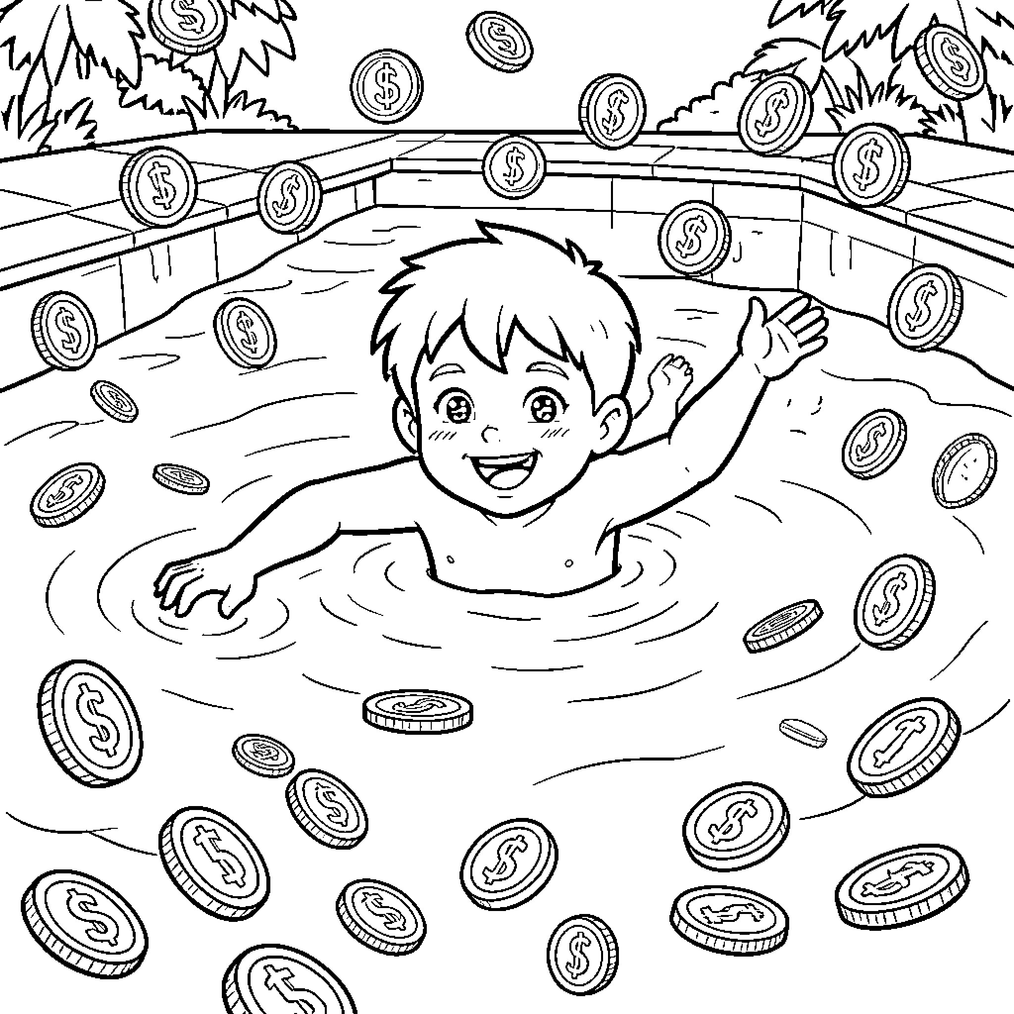 Boy swimming happily in a pool of coins Coloring Page (free black-and-white line drawing printable PDF for all, from beginners to advanced learners, including children, teens, adults, and seniors)