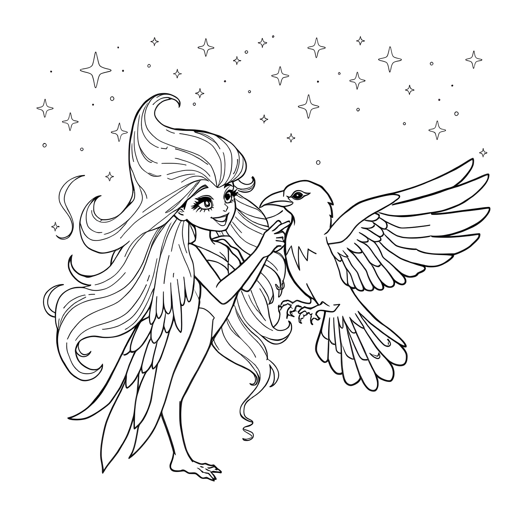 Starfire playing with her bird companion under the starry night sky Coloring Page (free black-and-white line drawing printable PDF for all, from beginners to advanced learners, including children, teens, adults, and seniors)