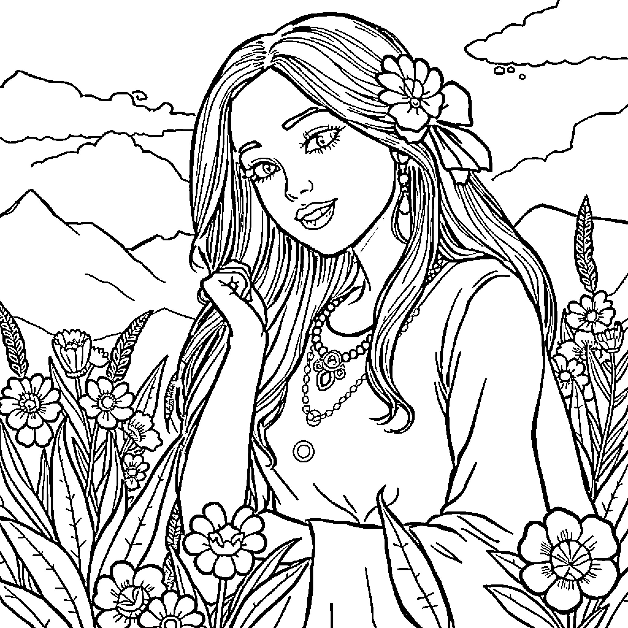 Mora's Enchanting Floral Escape Coloring Page (free black-and-white line drawing printable PDF for all, from beginners to advanced learners, including children, teens, adults, and seniors)