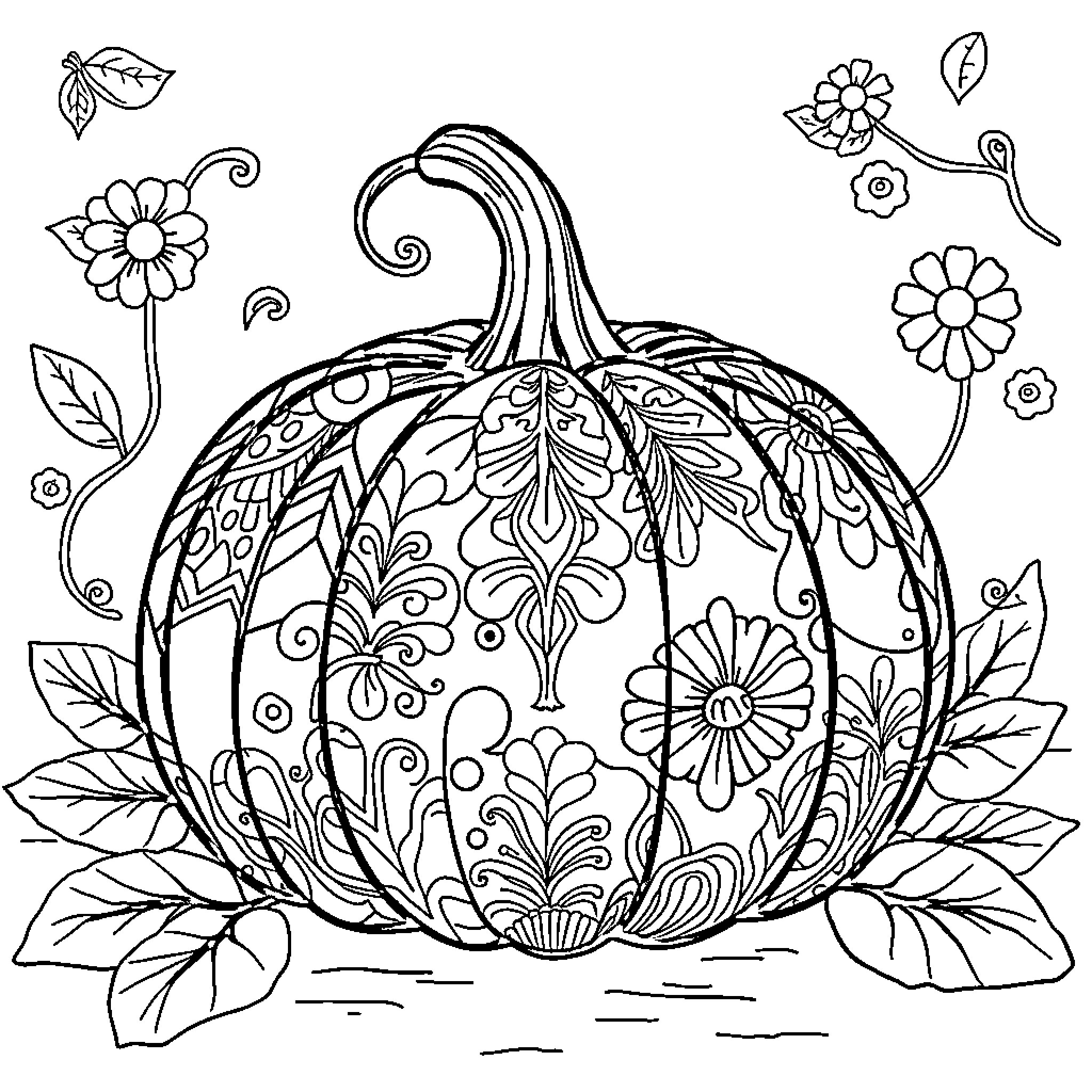 Pumpkin with intricate floral designs Coloring Page (free black-and-white line drawing printable PDF for all, from beginners to advanced learners, including children, teens, adults, and seniors)