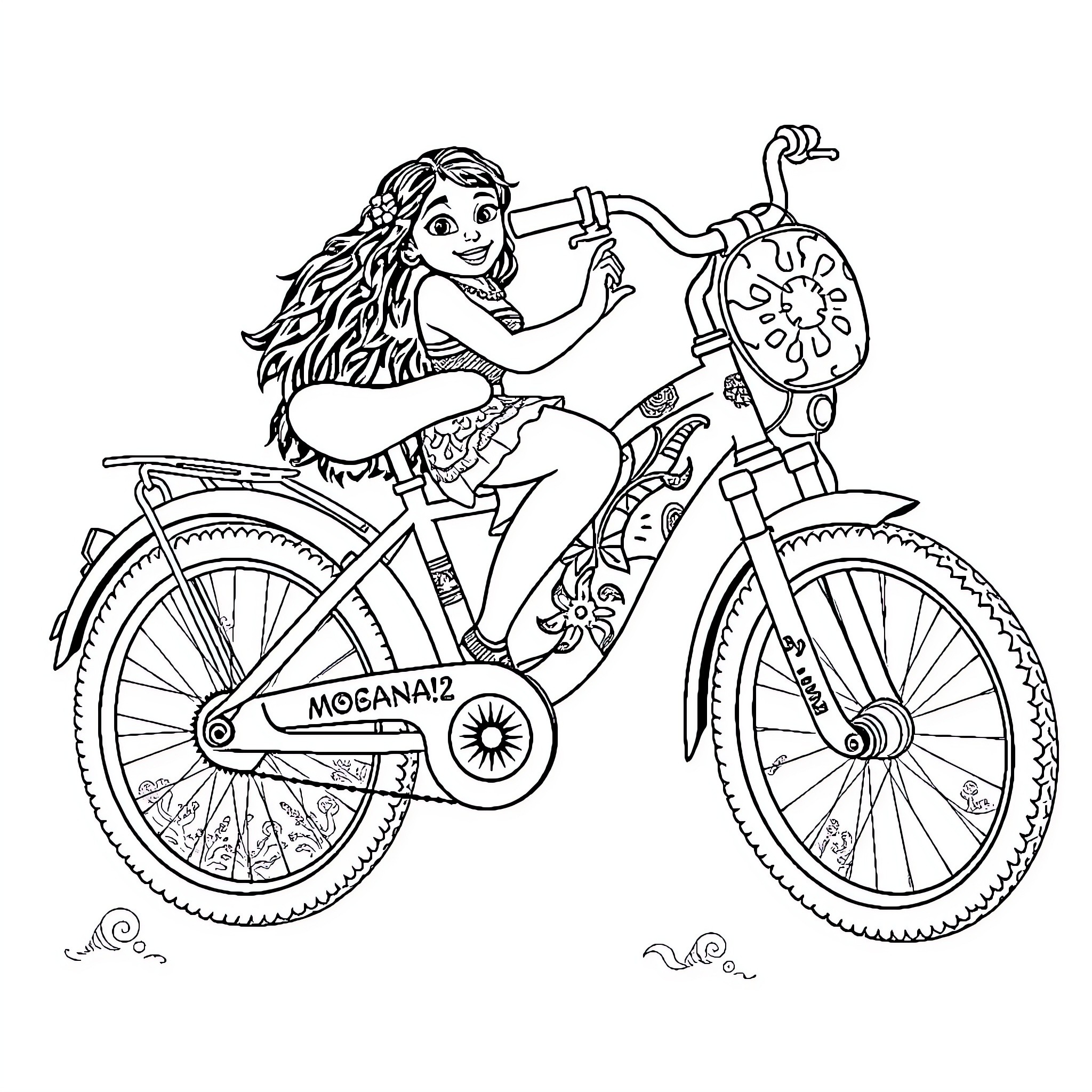 Moana riding a decorated bicycle Coloring Page (free black-and-white line drawing printable PDF for all, from beginners to advanced learners, including children, teens, adults, and seniors)