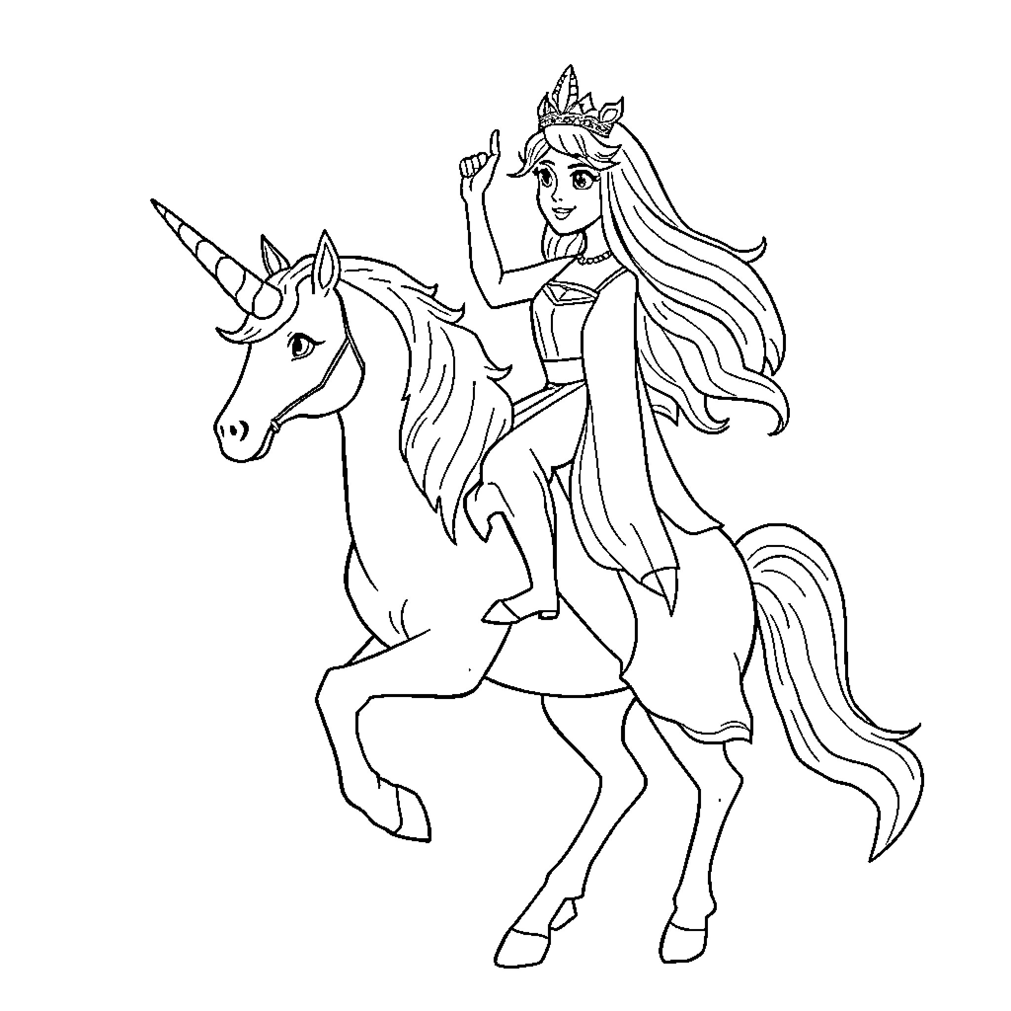 Siretina riding a magical unicorn Coloring Page (free black-and-white line drawing printable PDF for all, from beginners to advanced learners, including children, teens, adults, and seniors)