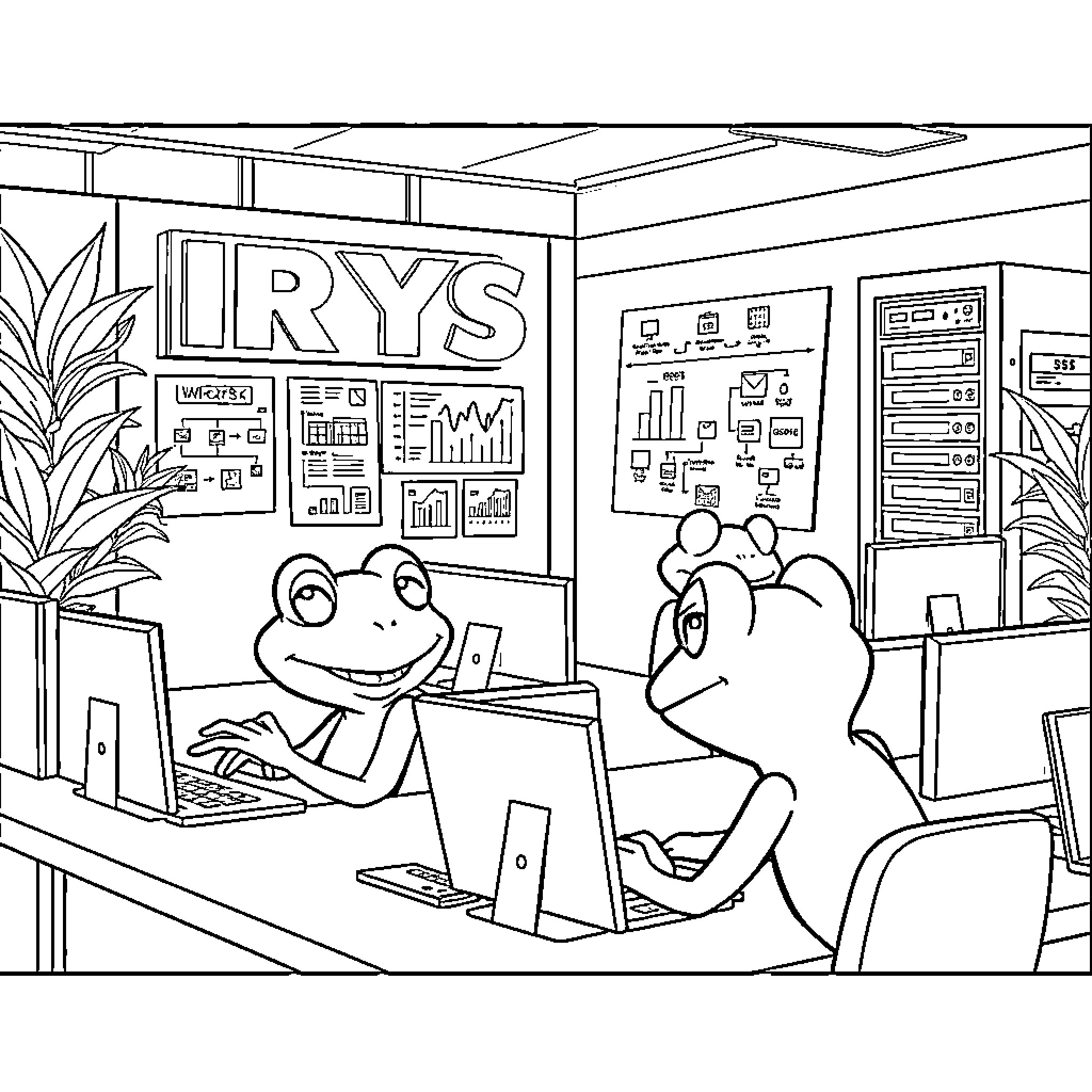 Pepe the Frog working diligently in the IRYS office Coloring Page (free black-and-white line drawing printable PDF for all, from beginners to advanced learners, including children, teens, adults, and seniors)