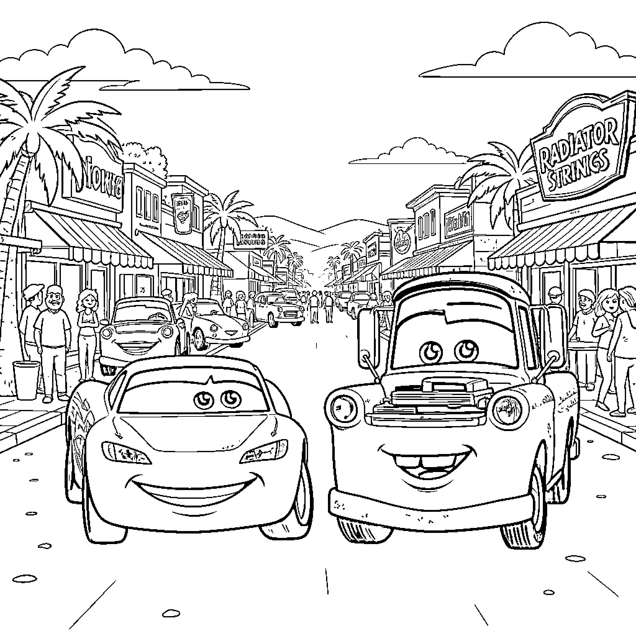 Flash McQueen smiling alongside Mater on a street Coloring Page (free black-and-white line drawing printable PDF for all, from beginners to advanced learners, including children, teens, adults, and seniors)