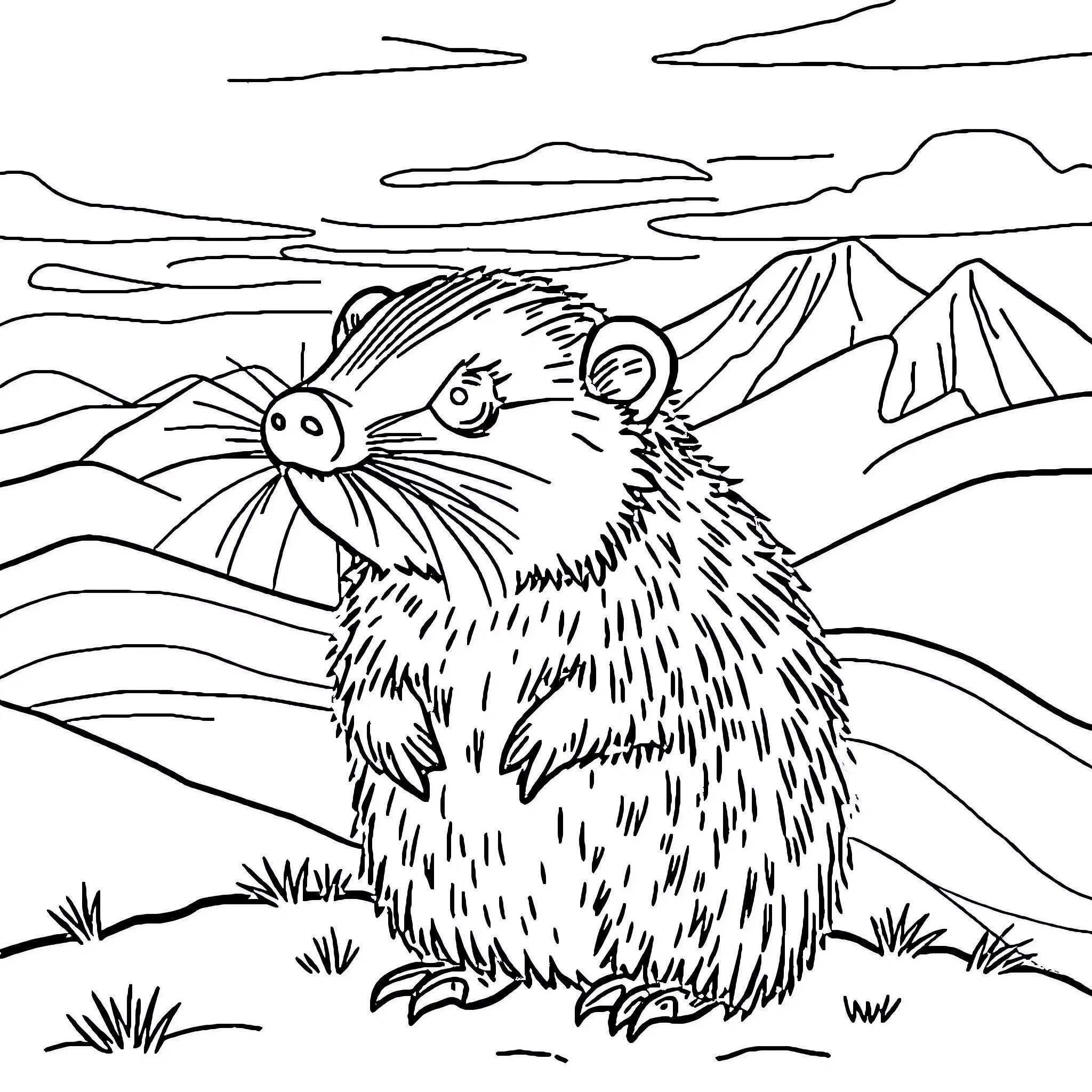 Wombat exploring the mountainous landscape Coloring Page (free black-and-white line drawing printable PDF for all, from beginners to advanced learners, including children, teens, adults, and seniors)