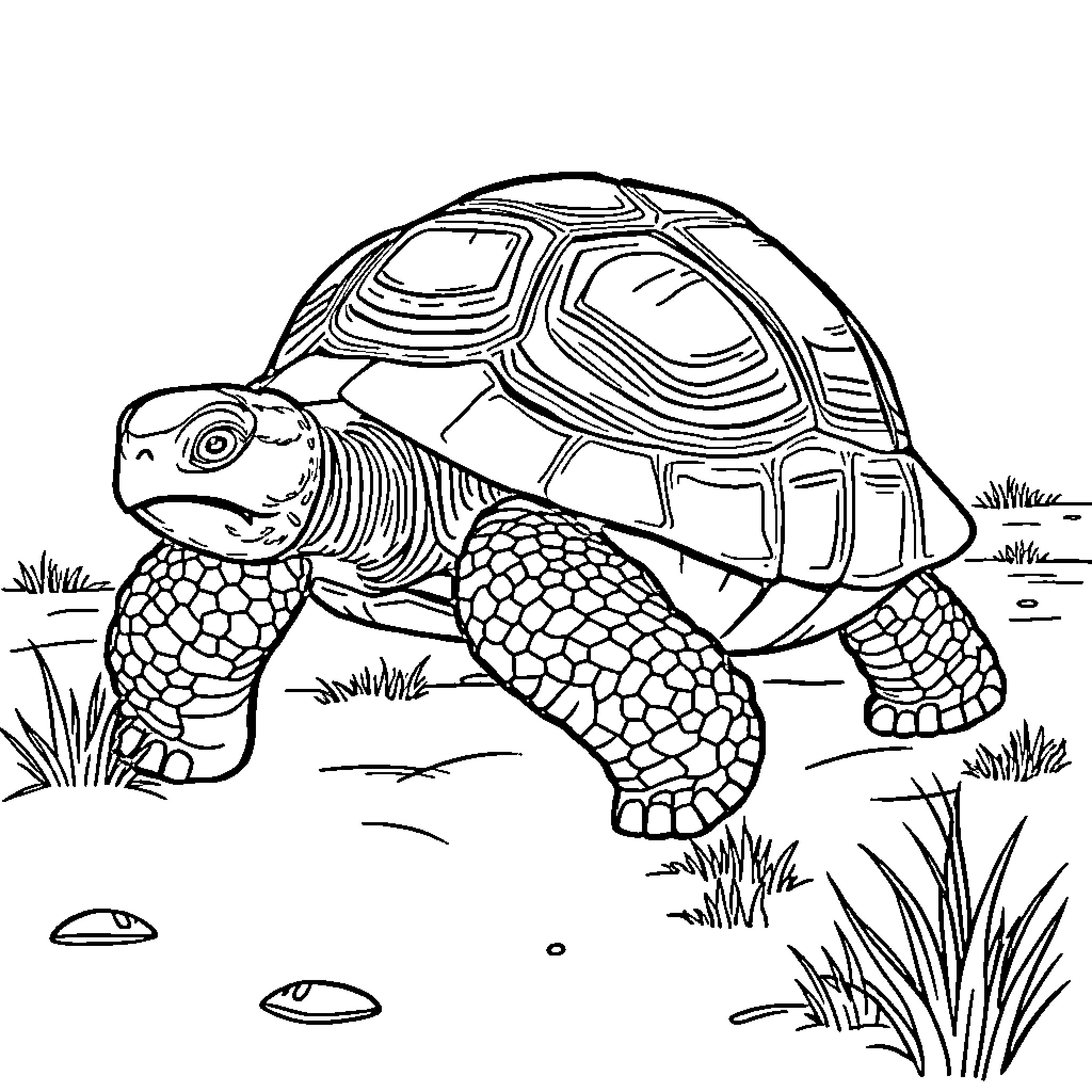Tortoise exploring the grassy terrain Coloring Page (free black-and-white line drawing printable PDF for all, from beginners to advanced learners, including children, teens, adults, and seniors)