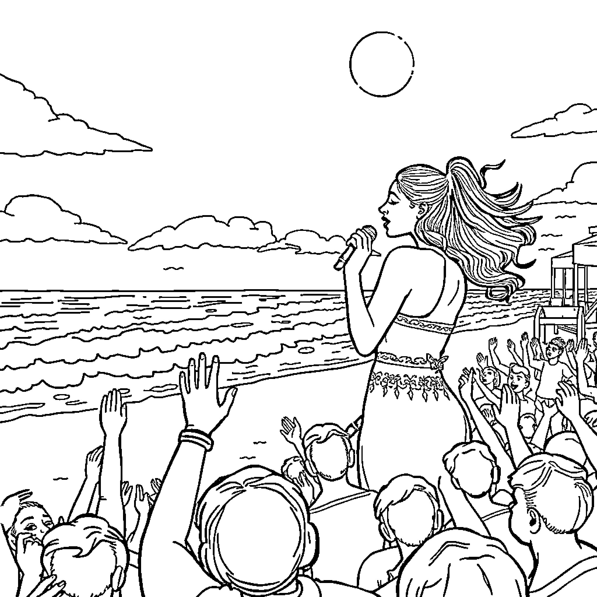 Ariana Grande performing on stage before an adoring crowd Coloring Page (free black-and-white line drawing printable PDF for all, from beginners to advanced learners, including children, teens, adults, and seniors)
