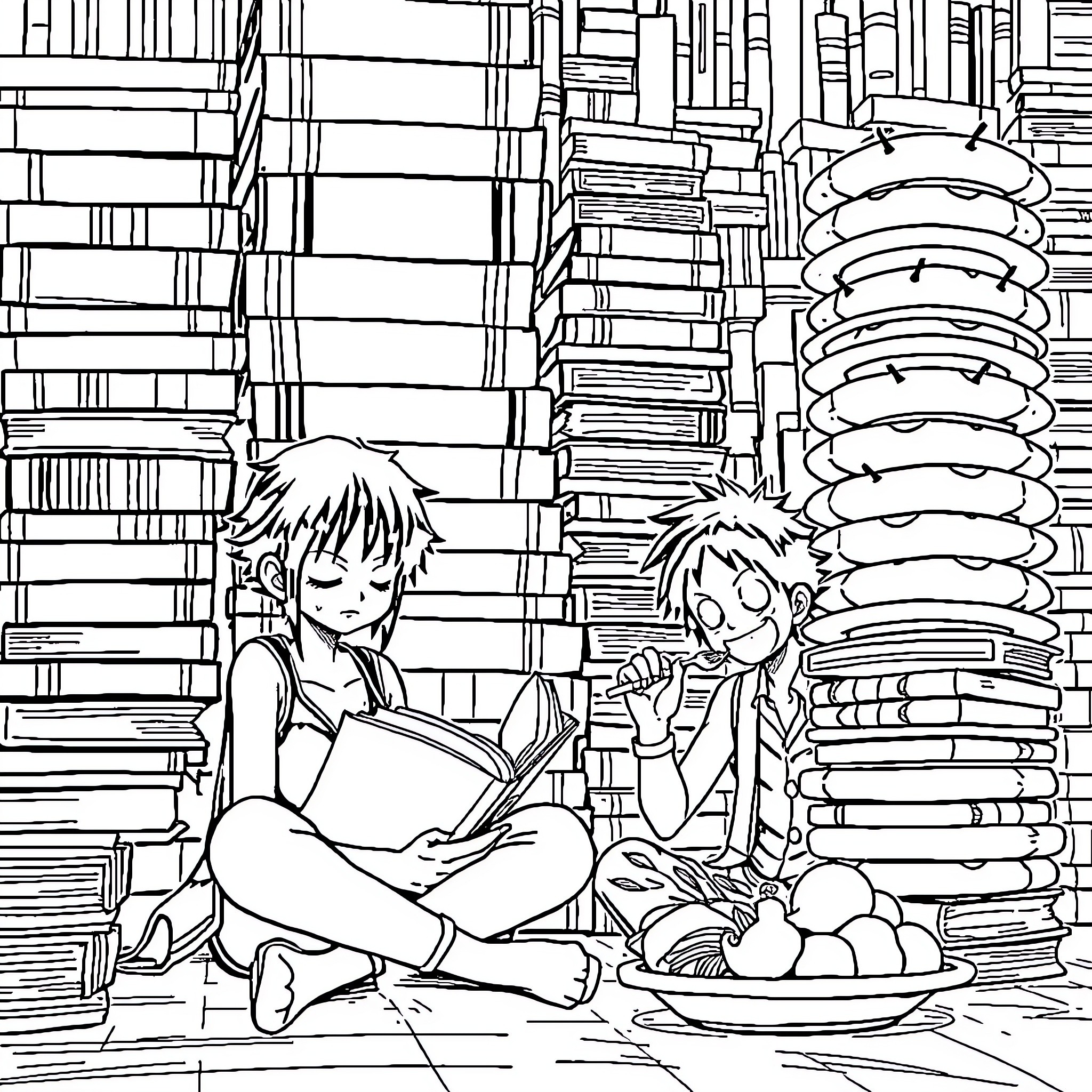 One Piece: Two Students Studying in a Library Coloring Page (free black-and-white line drawing printable PDF for all, from beginners to advanced learners, including children, teens, adults, and seniors)