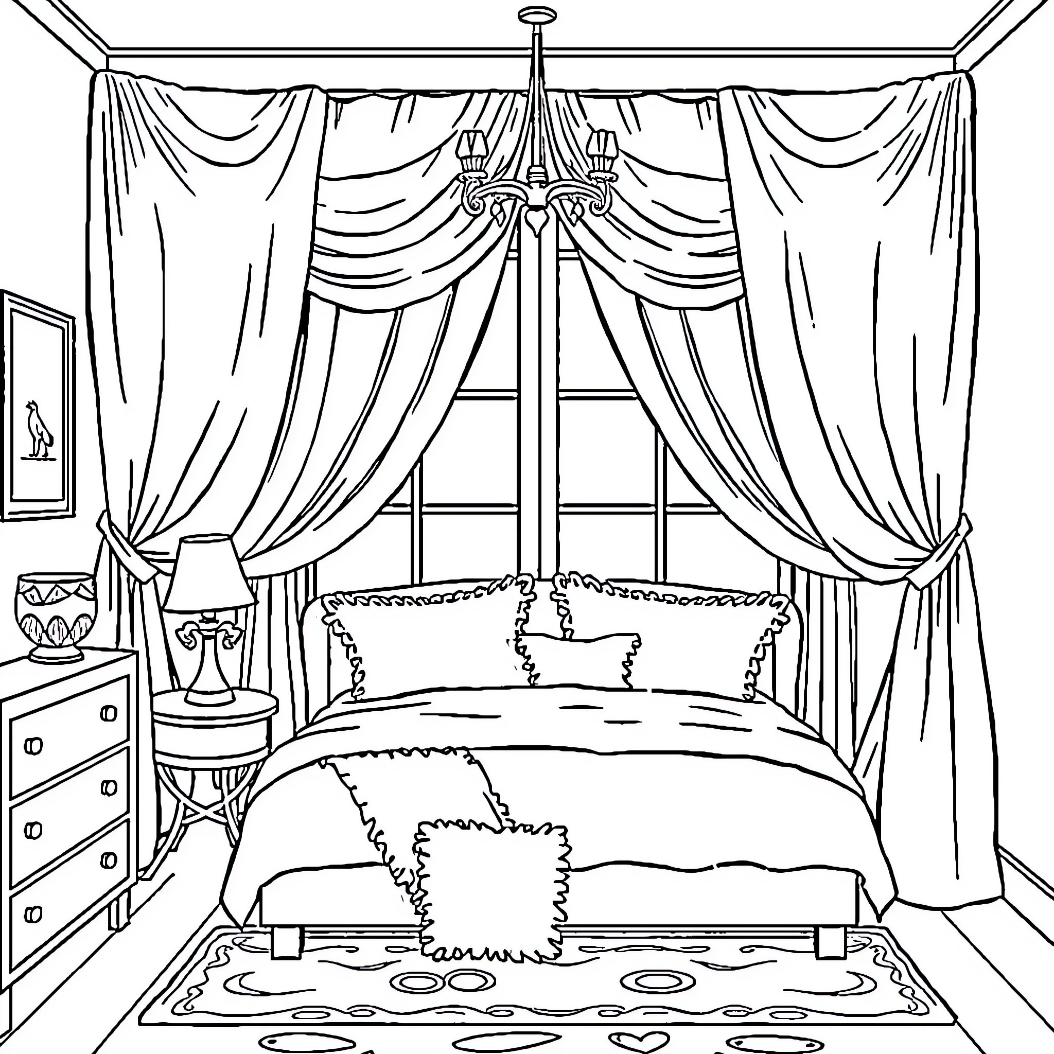 Girl's Elegant Bedroom with Curtain Canopy and Chandelier Coloring Page (free black-and-white line drawing printable PDF for all, from beginners to advanced learners, including children, teens, adults, and seniors)