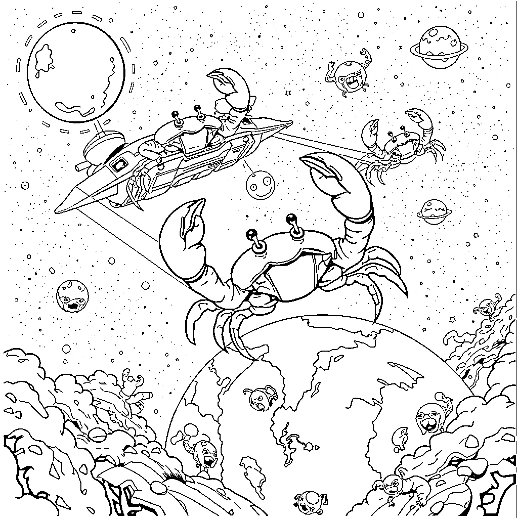 Crab crew exploring the cosmos in their spacecraft Coloring Page (free black-and-white line drawing printable PDF for all, from beginners to advanced learners, including children, teens, adults, and seniors)