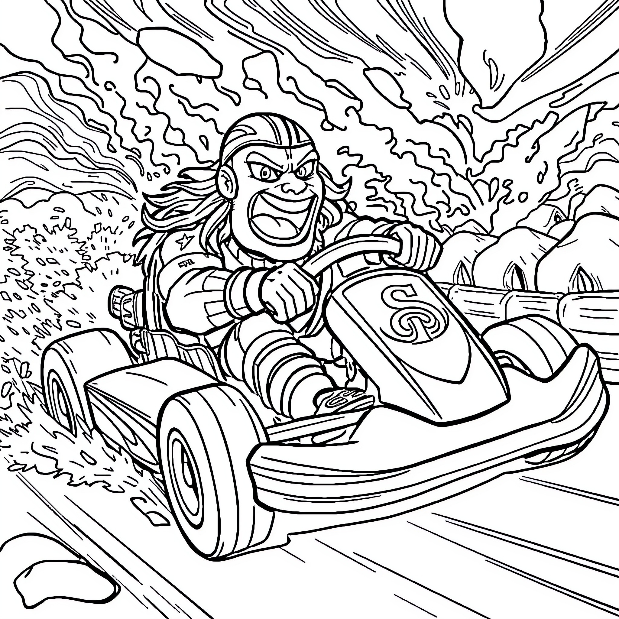 Wrestler racing furiously on high-speed go-kart Coloring Page (free black-and-white line drawing printable PDF for all, from beginners to advanced learners, including children, teens, adults, and seniors)