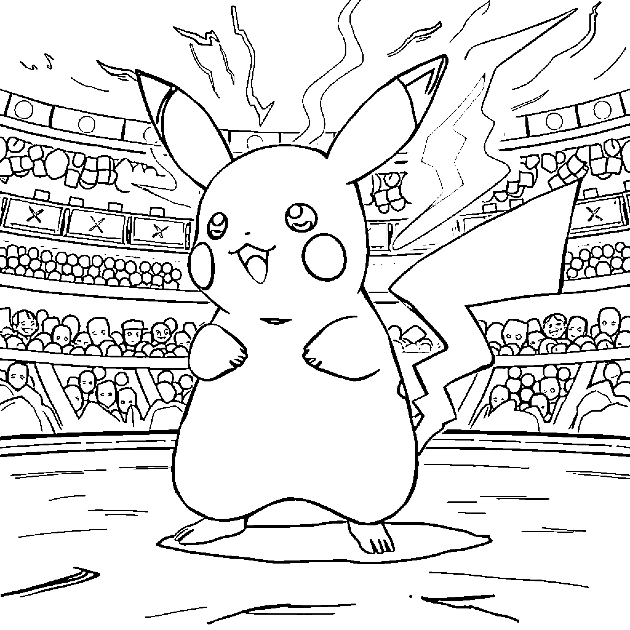 Pikachu Cheering Enthusiastically on Stage Coloring Page (free black-and-white line drawing printable PDF for all, from beginners to advanced learners, including children, teens, adults, and seniors)
