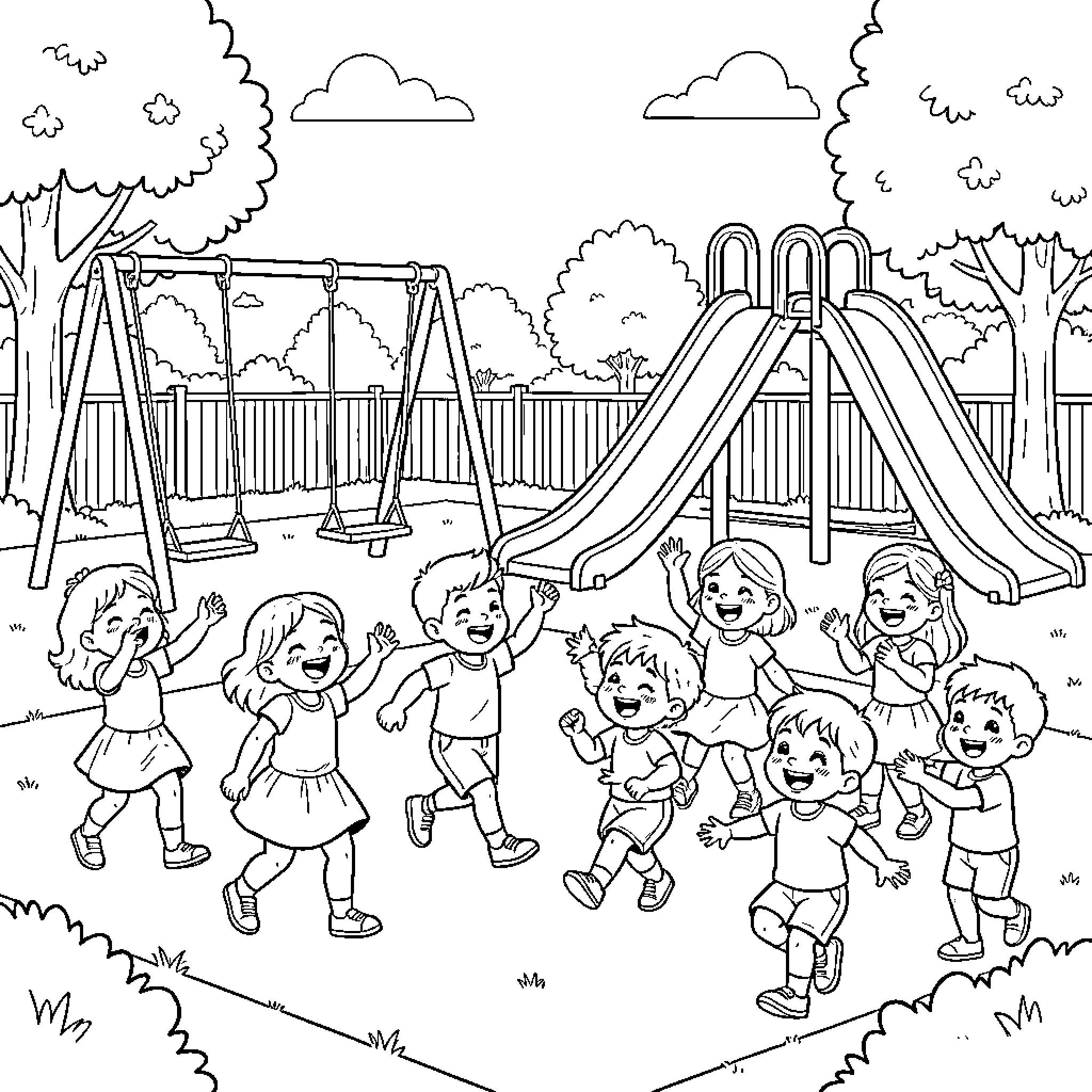 Niño and friends playing joyfully at the playground Coloring Page (free black-and-white line drawing printable PDF for all, from beginners to advanced learners, including children, teens, adults, and seniors)