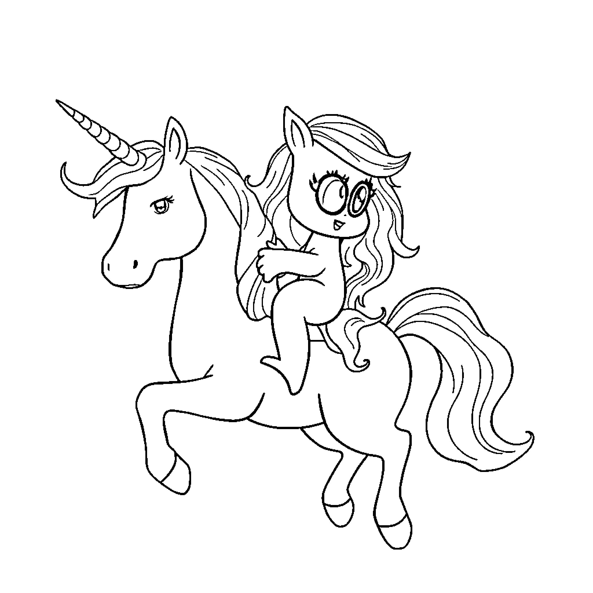 Bluey playing happily with a magical unicorn Coloring Page (free black-and-white line drawing printable PDF for all, from beginners to advanced learners, including children, teens, adults, and seniors)