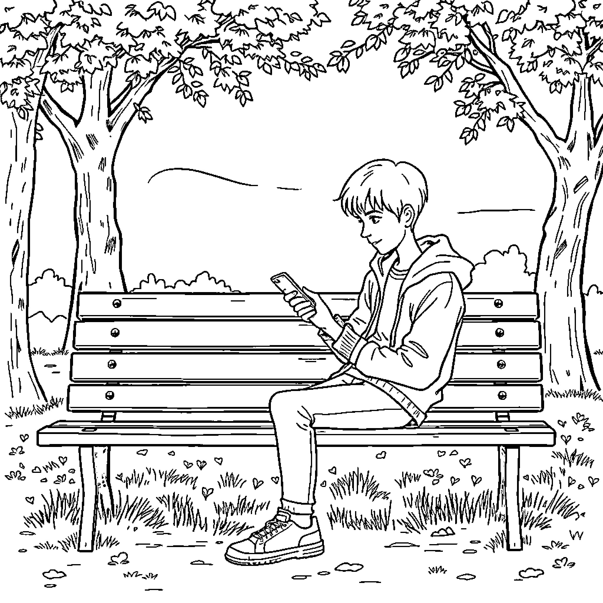 Teenager using smartphone on park bench Coloring Page (free black-and-white line drawing printable PDF for all, from beginners to advanced learners, including children, teens, adults, and seniors)