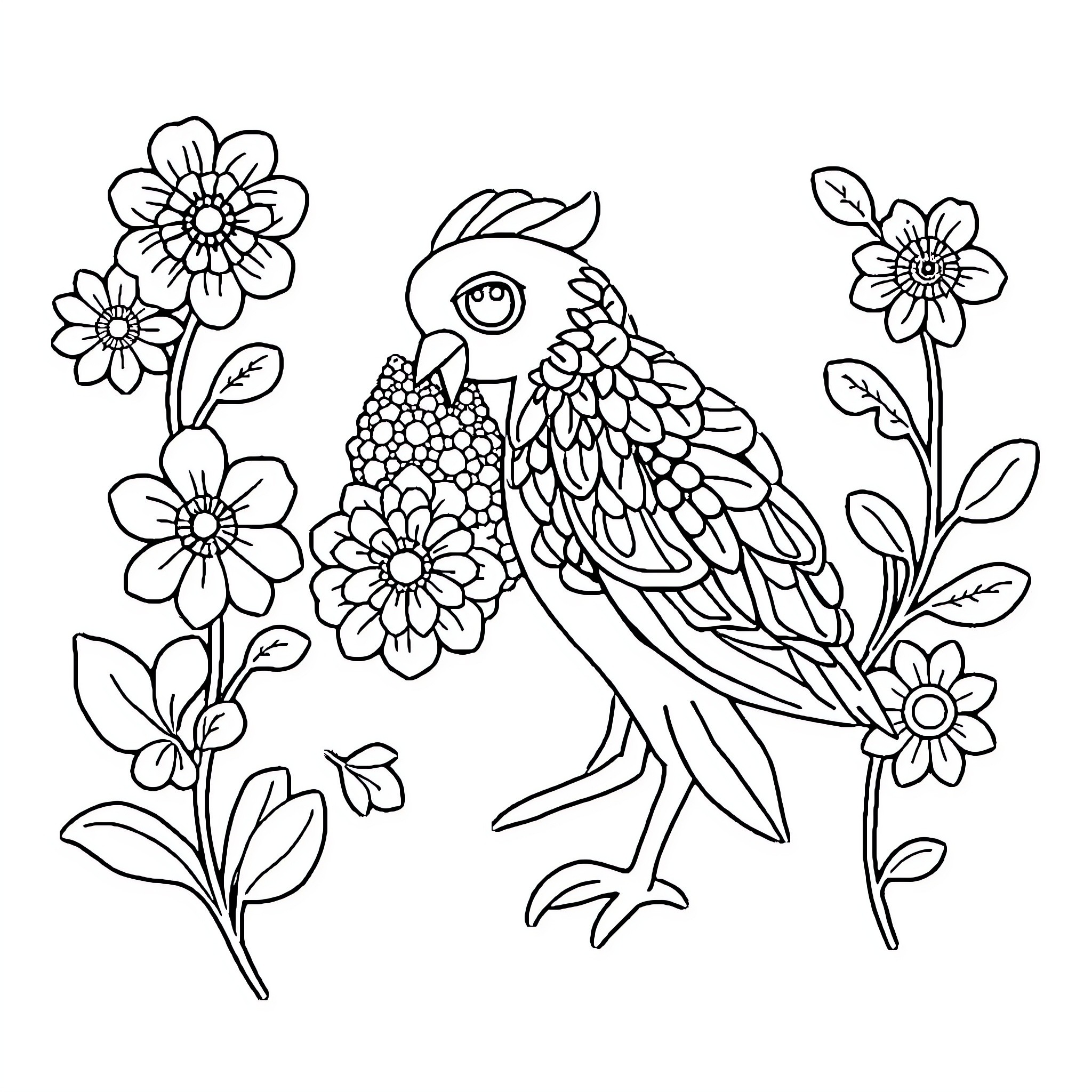 Satisfying Floral Illustration with Vibrant Bird Coloring Page (free black-and-white line drawing printable PDF for all, from beginners to advanced learners, including children, teens, adults, and seniors)