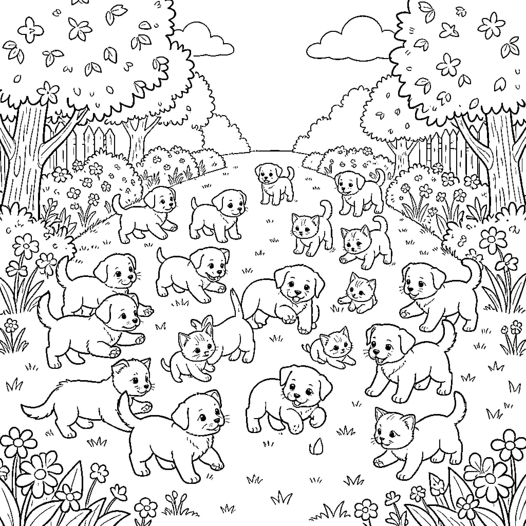 Cuteness in the Outdoors: Puppies Playing in a Field Coloring Page (free black-and-white line drawing printable PDF for all, from beginners to advanced learners, including children, teens, adults, and seniors)