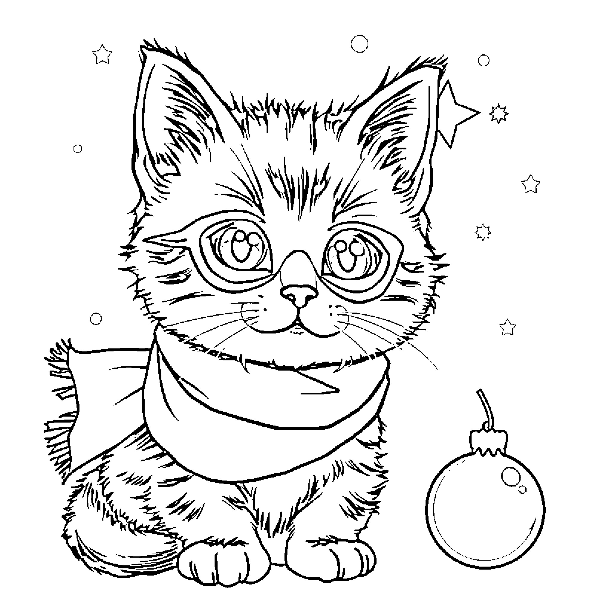 Superkitten with magical ornament Coloring Page (free black-and-white line drawing printable PDF for all, from beginners to advanced learners, including children, teens, adults, and seniors)
