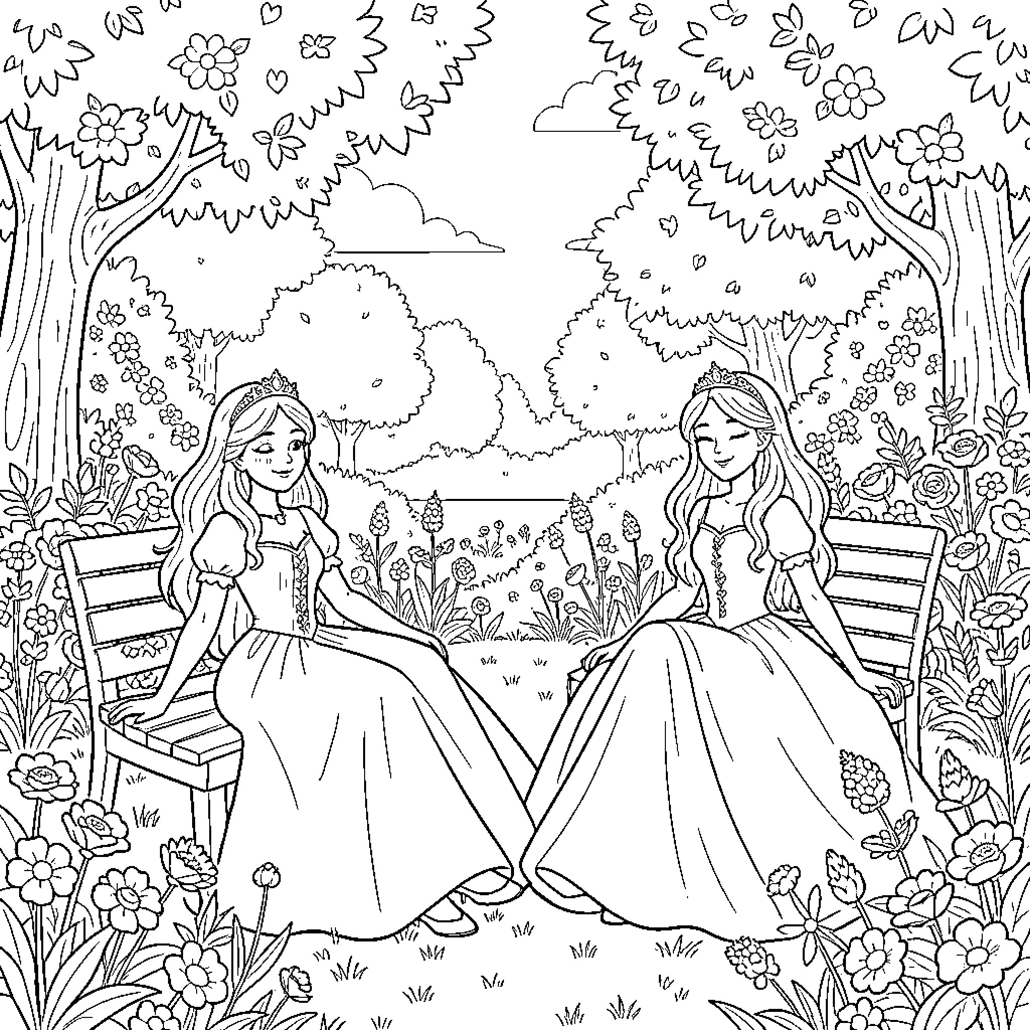 Princess Companions Enjoying the Serene Garden Coloring Page (free black-and-white line drawing printable PDF for all, from beginners to advanced learners, including children, teens, adults, and seniors)