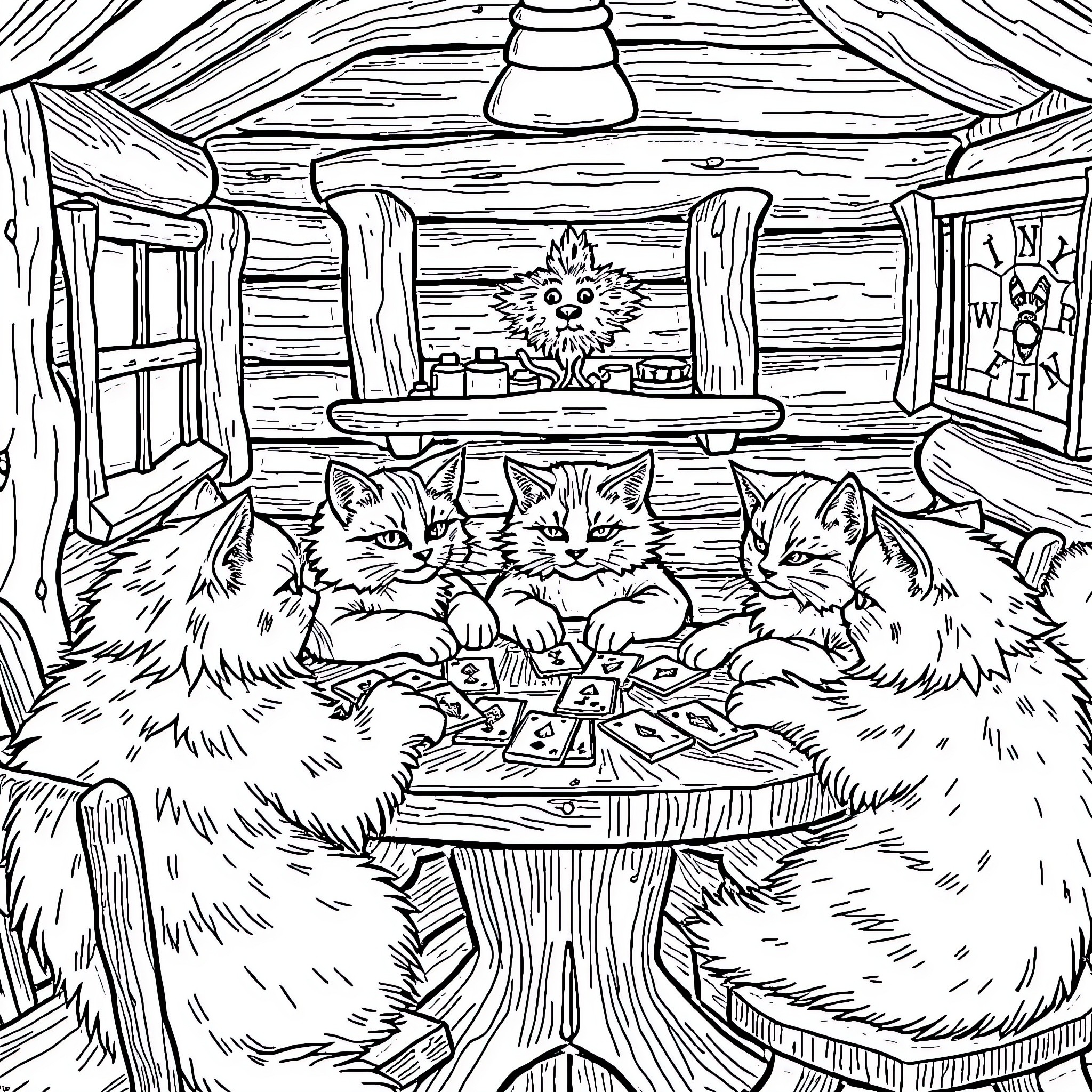 Cat Kittens Playing Jigsaw Puzzle in Cozy Cabin Coloring Page (free black-and-white line drawing printable PDF for all, from beginners to advanced learners, including children, teens, adults, and seniors)
