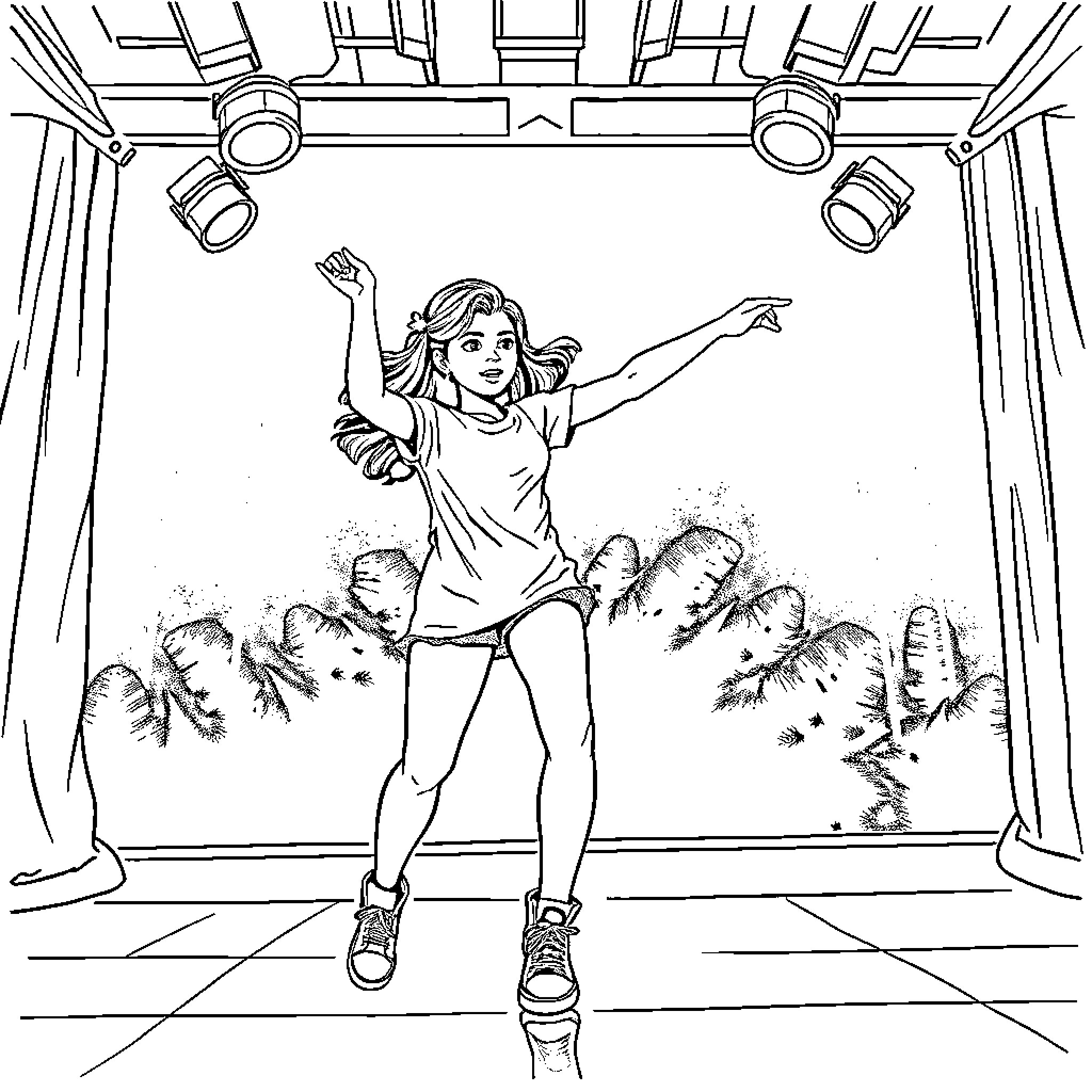 Filipino Girl Dancing Joyfully on Stage Coloring Page (free black-and-white line drawing printable PDF for all, from beginners to advanced learners, including children, teens, adults, and seniors)
