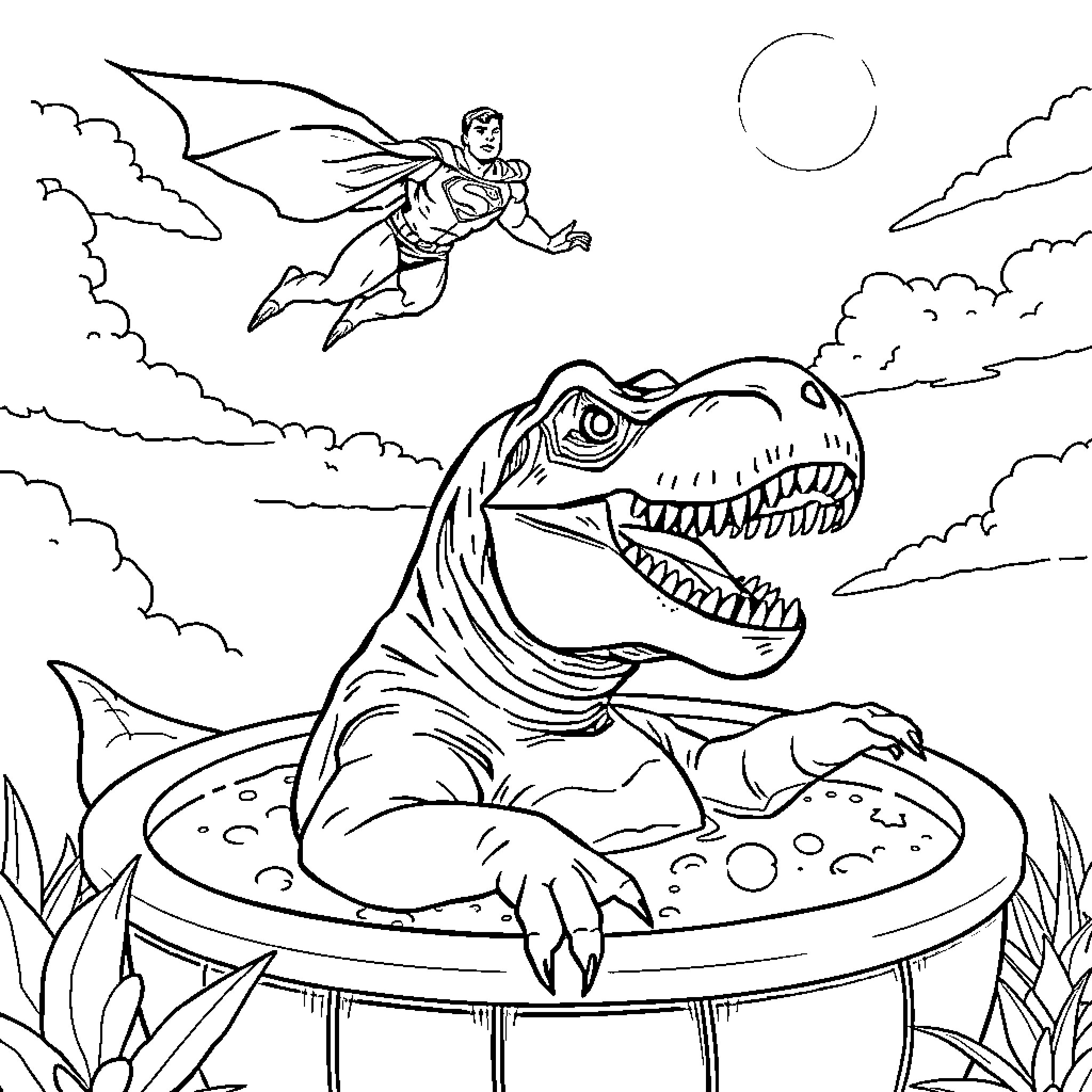 T-Rex Soars with Heroic Figure in Clouds Coloring Page (free black-and-white line drawing printable PDF for all, from beginners to advanced learners, including children, teens, adults, and seniors)